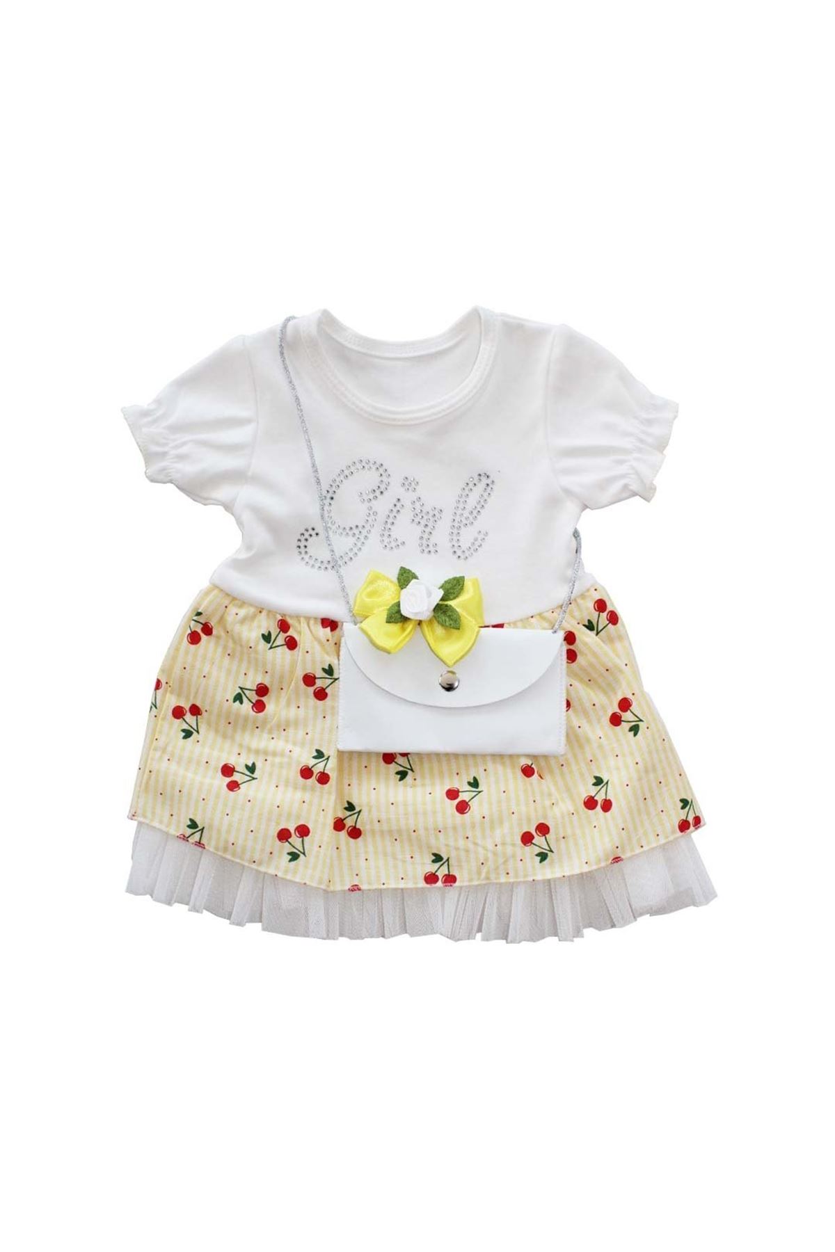 Kız Bebek Sarı Kiraz Desenli Çantalı Elbise