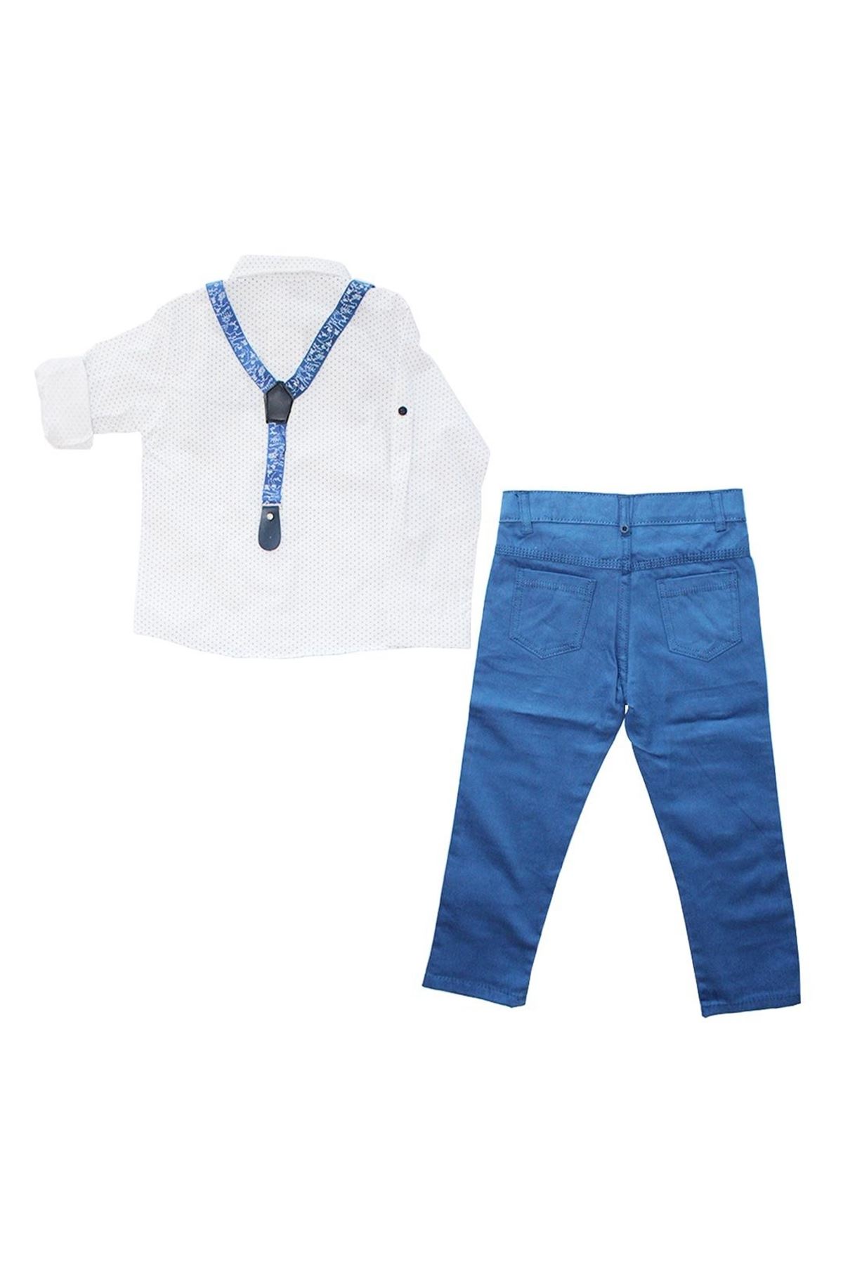 Mavi Puanlı Beyaz Gömlekli Askılı 2'li Erkek Çocuk Takım