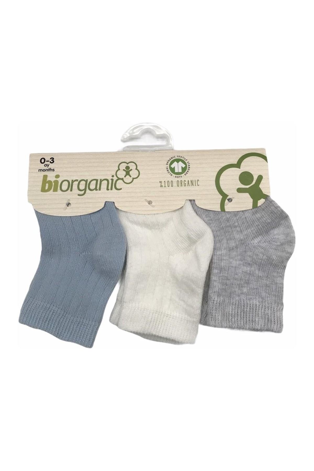 Bibaby Biorganik Desenli Basic 3Lü Çorap 68344 Ekru-Mavi-Gri