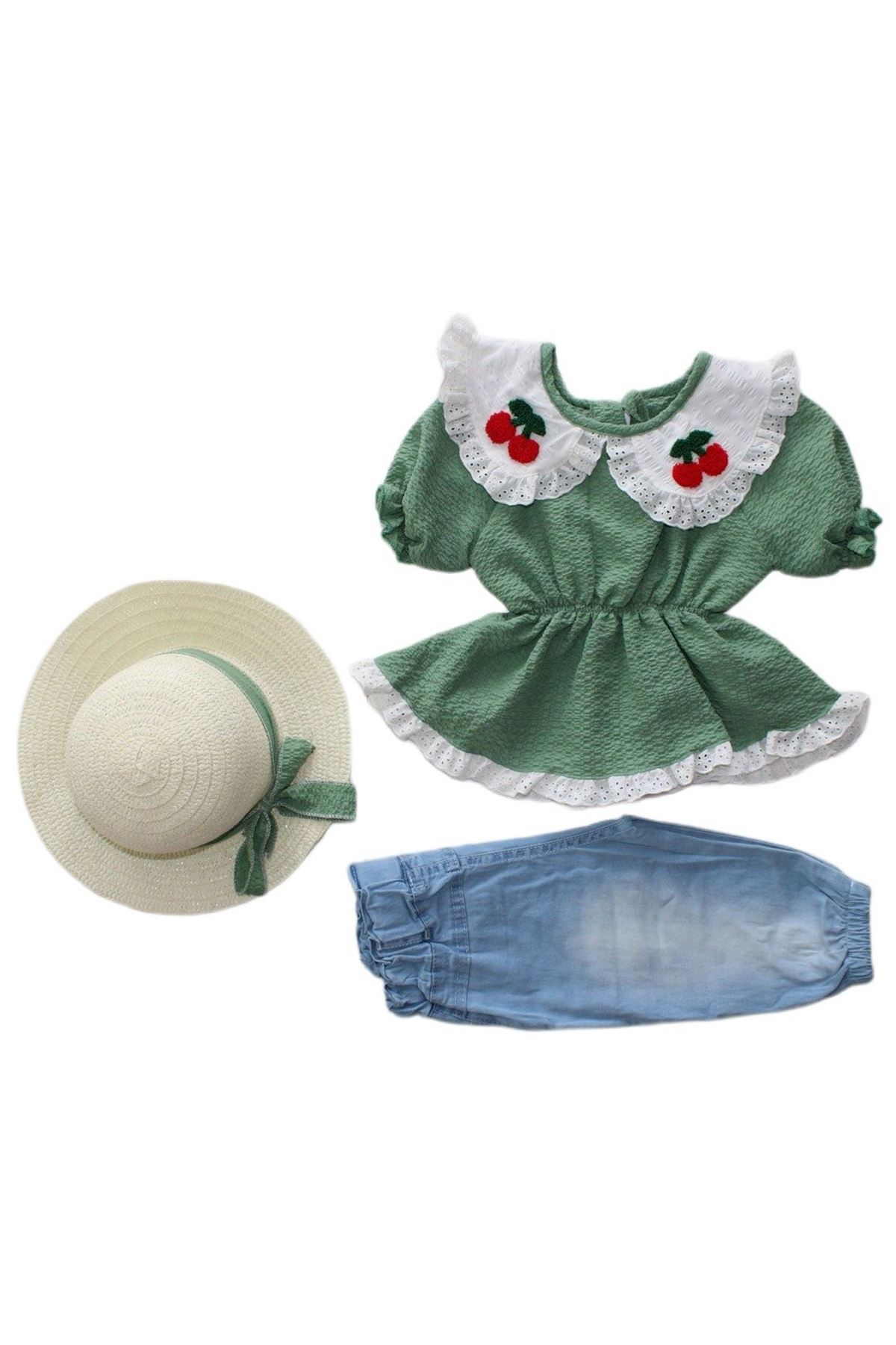 Kız Çocuk Yeşil Kirazlı Yakalı Şapkalı Takım