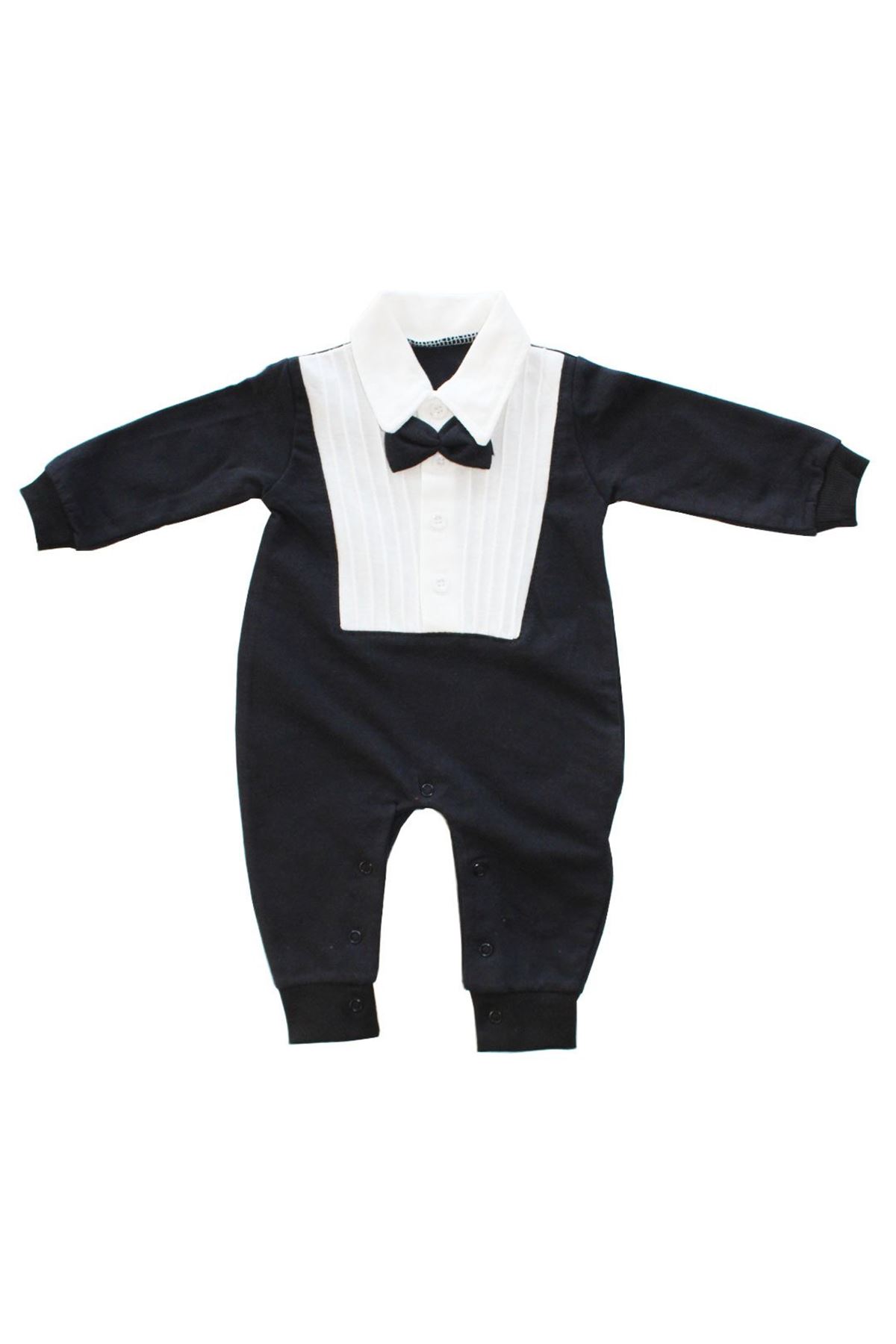 Erkek Bebek Siyah Beyaz Gömlekli Papyonlu Smokin Tulum
