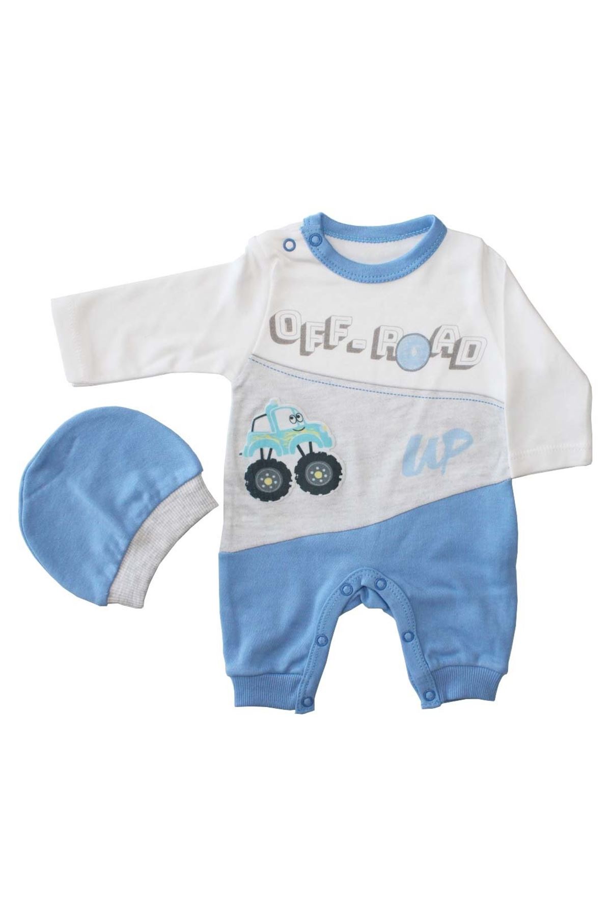 Erkek Bebek Araba Baskılı Mavi Premature Şapkalı Tulum 0-3 Ay
