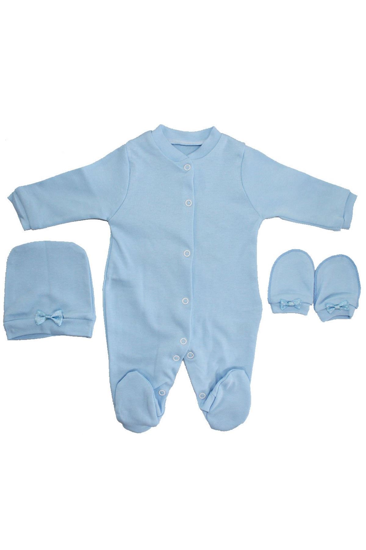 Erkek Bebek İsme Özel Mavi Nakışlı Bereli Eldivenli Mavi Tulum