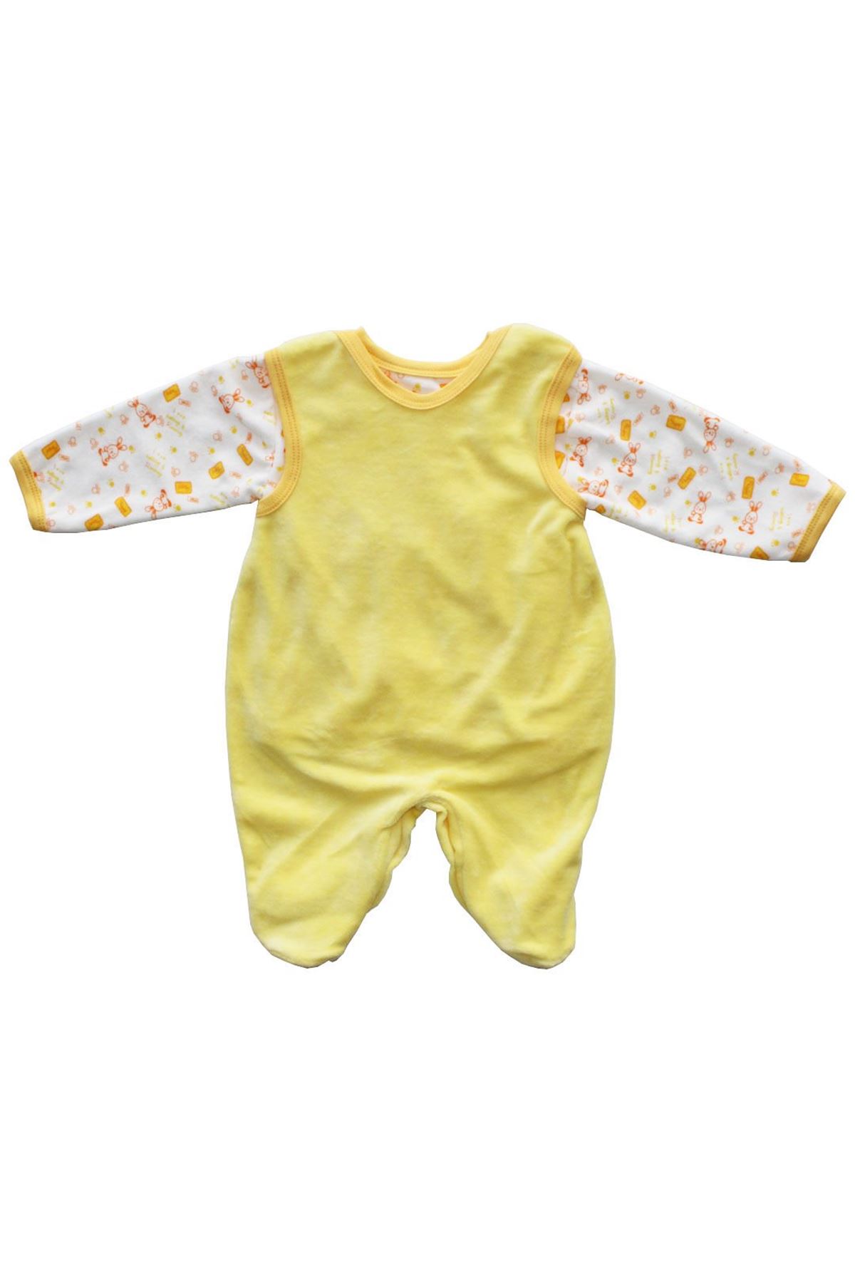 Erkek Bebek Sarı Ayı Kulaklı Badili Kadife Ayaklı Tulum
