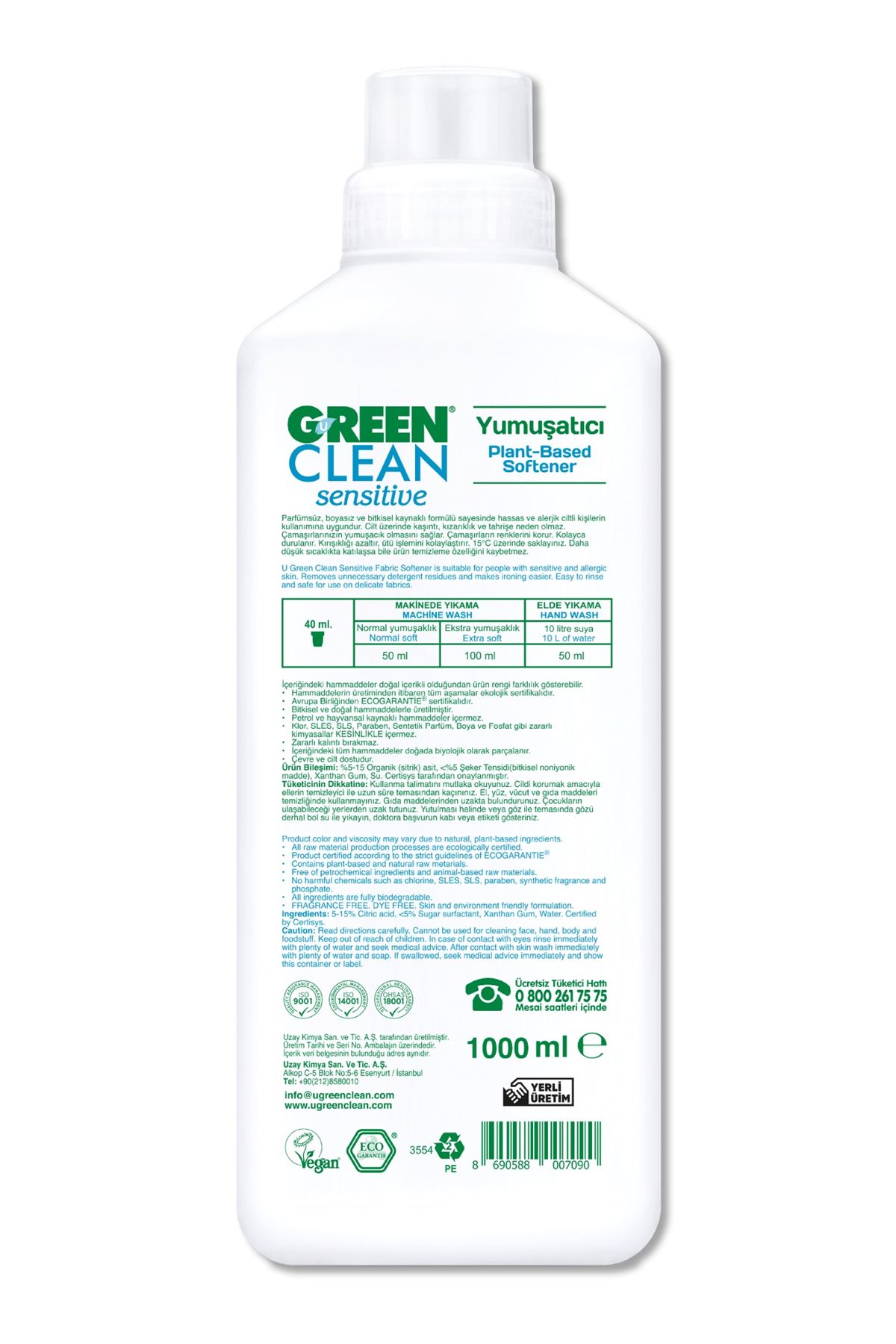 Green Clean Sensitive Parfümsüz Bitkisel Yumuşatıcı 1000ml