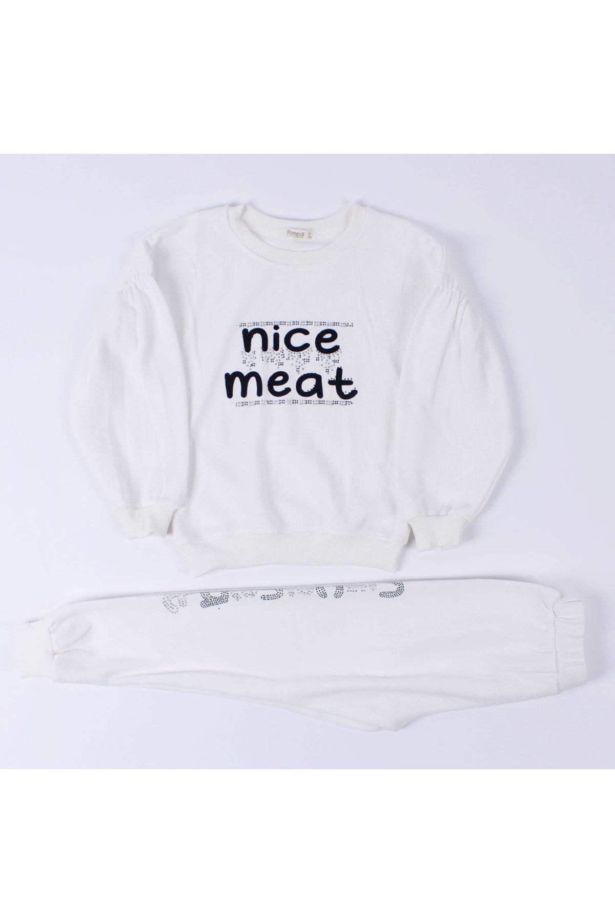 Kız Çocuk Beyaz Nice Meat Yazılı Selanik Örgülü 2'li Takım