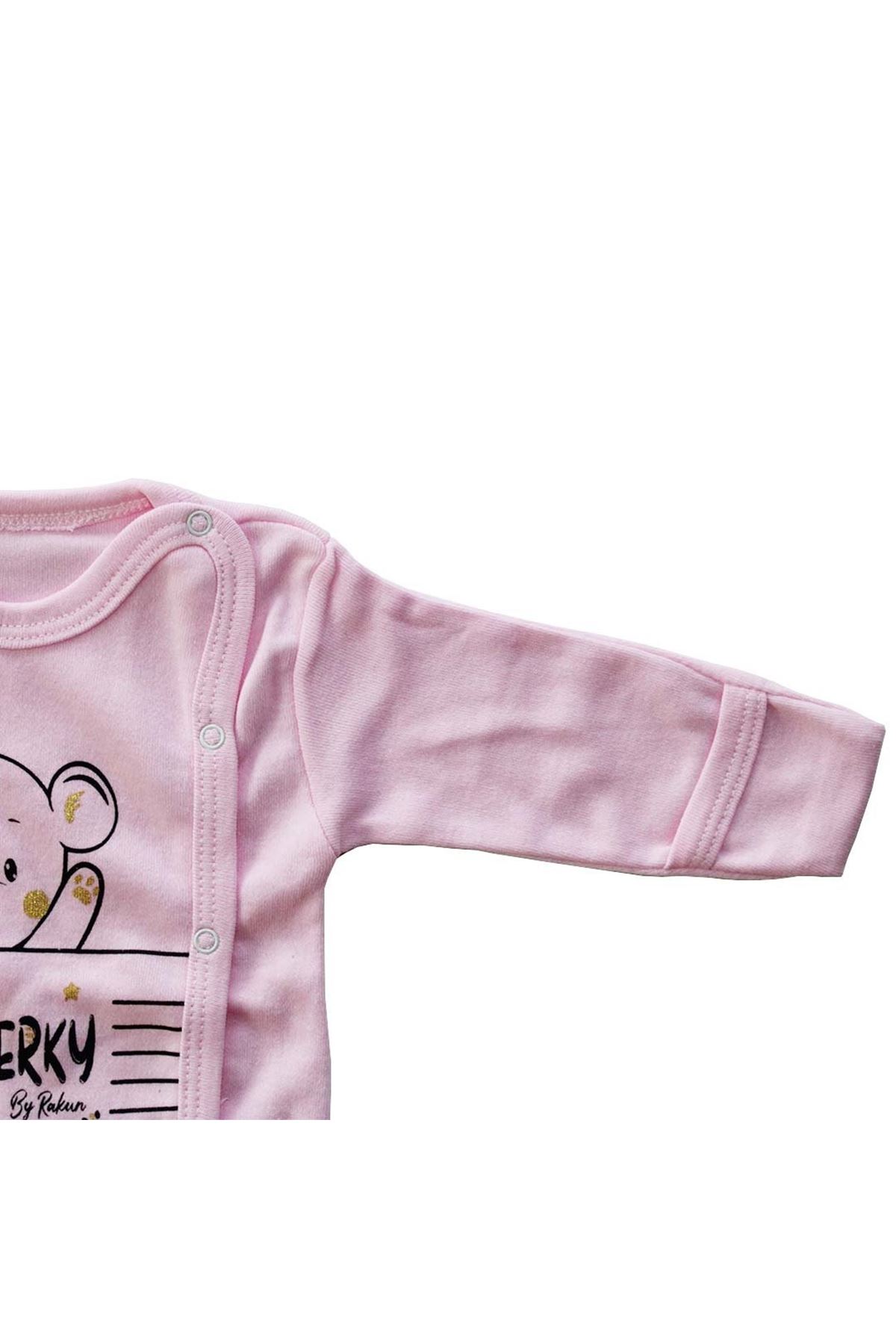 Kız Bebek Pembe Şımarık Ayıcık Kendinden Eldivenli 3'lü Pijama Takımı 0-3 Ay