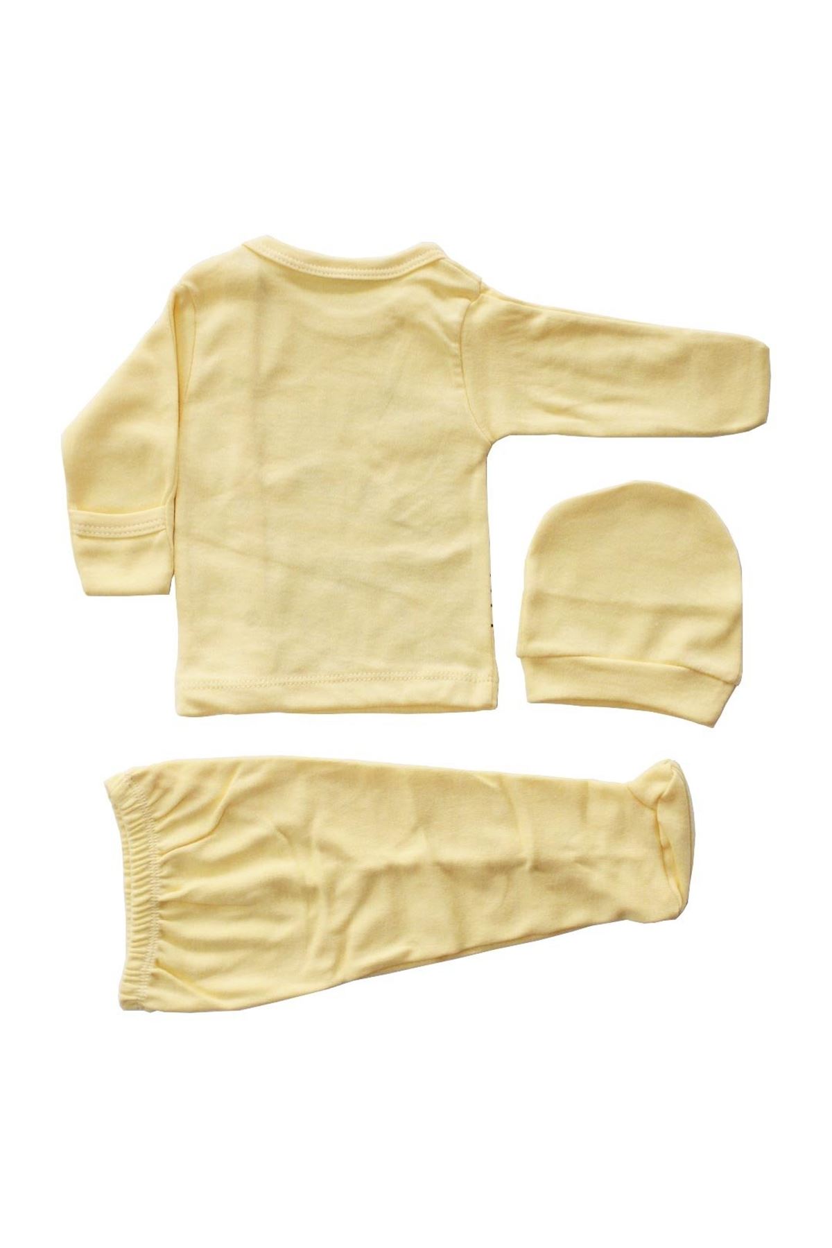 Bebek Sarı Şımarık Ayıcık Kendinden Eldivenli 3'lü Pijama Takımı 0-3 Ay
