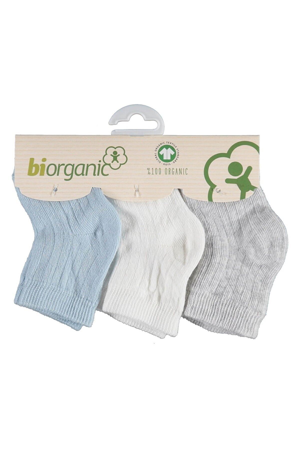 Bibaby Biorganik Desenli Basic 3Lü Çorap 68344 Beyaz-Mavi-Gri