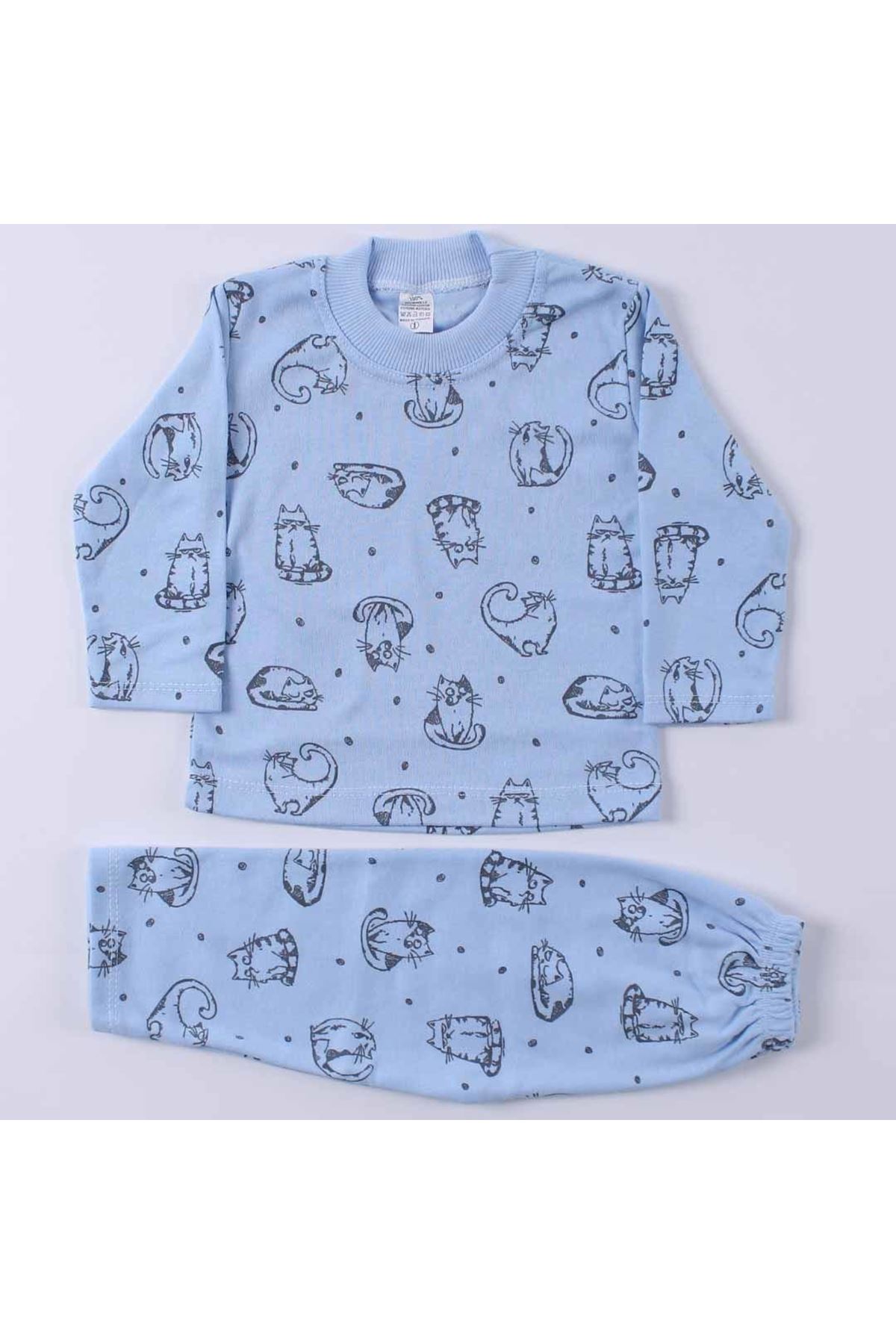 Erkek Çocuk Mavi Kedili Baskılı 2'li Pijama Takım