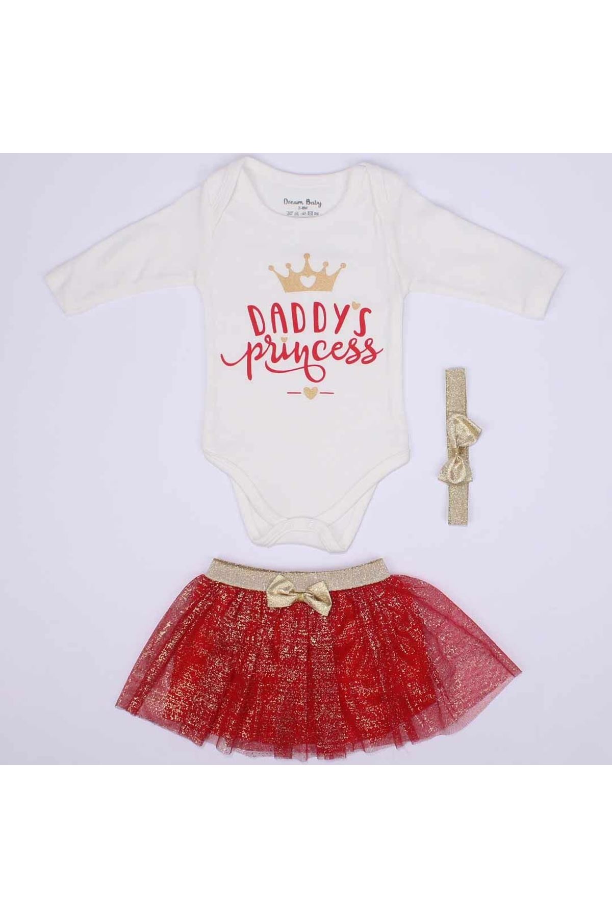 Kız Bebek Daddy's Princess Yazılı Simli Tüllü Kırmızı Etekli 3'lü Takım