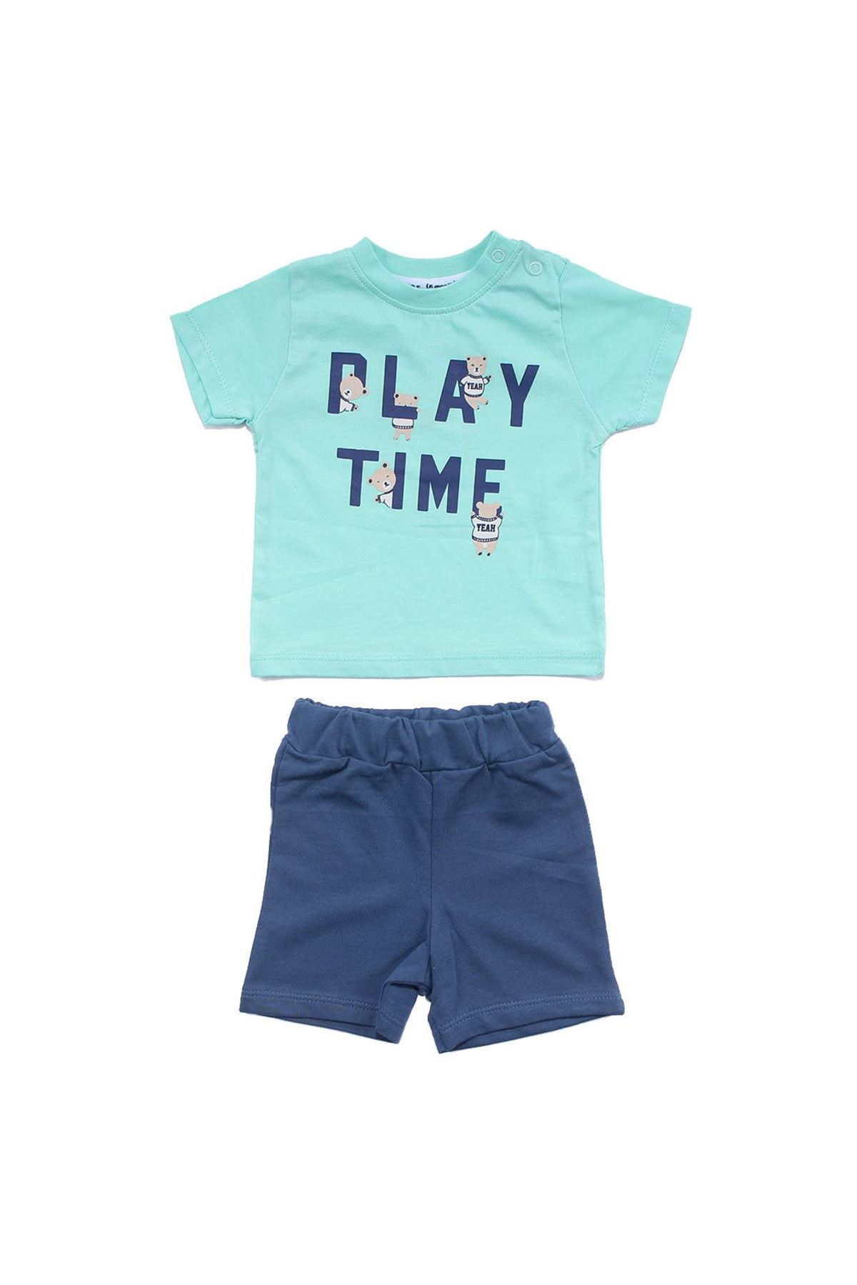 Erkek Bebek Turkuaz Mavi Play Time Yazılı Şortlu 2'li Takım