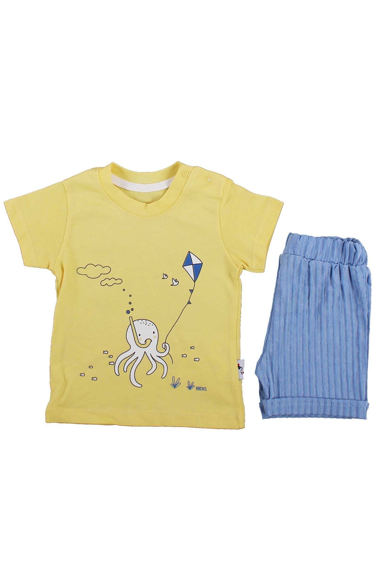 Erkek Bebek Sarı Mavi Ahtapotlu Baskılı 2'li Takım