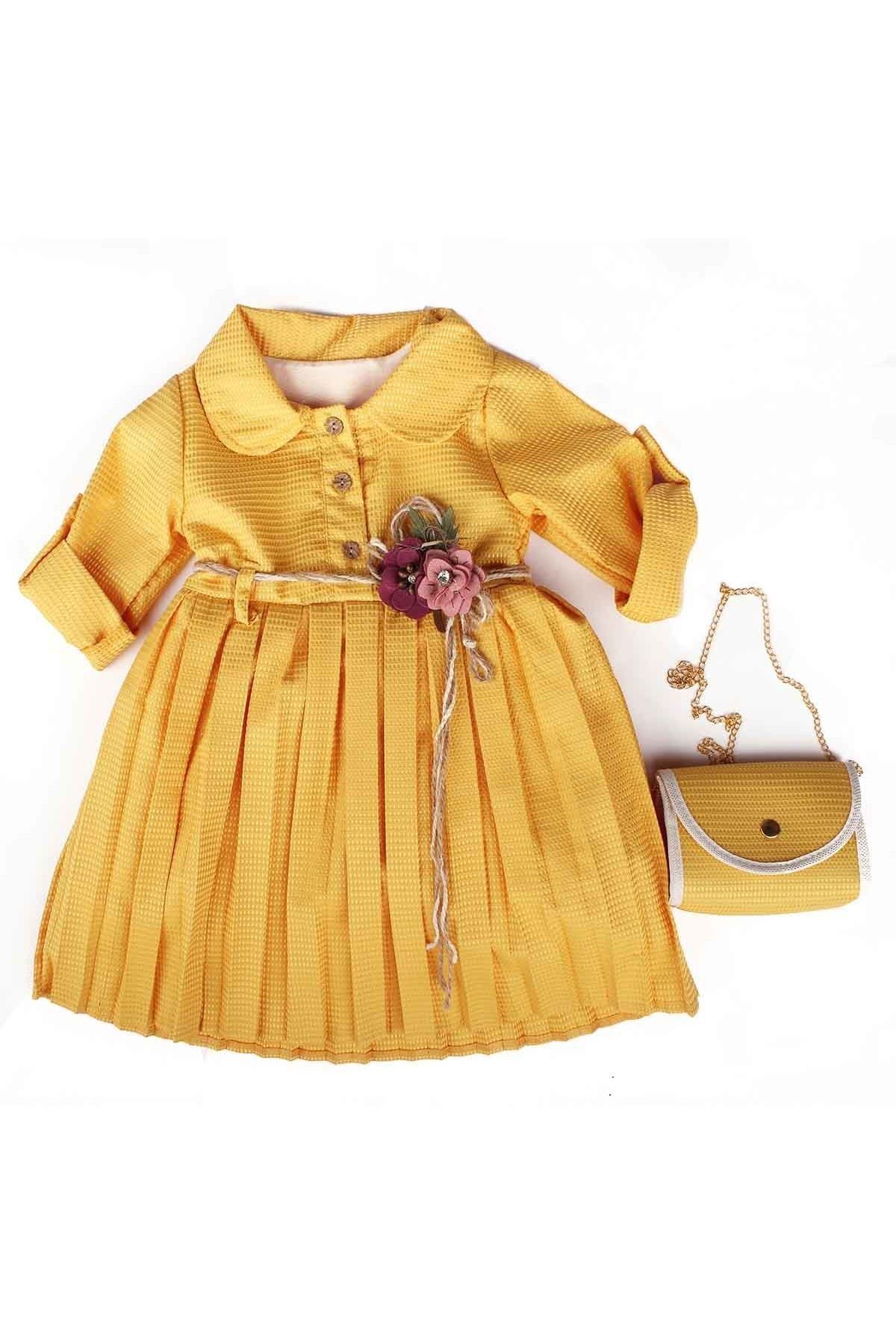 Kız Çocuk Sarı Piliseli Çantalı Elbise