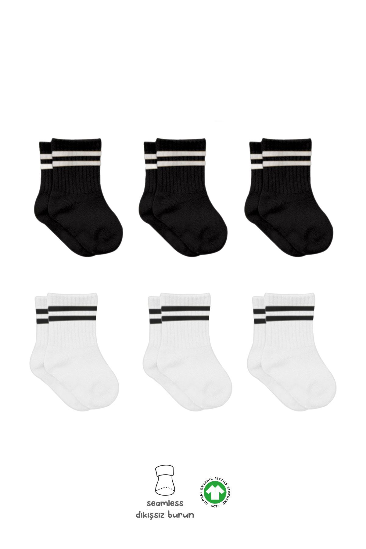 Bistyle 6lı Penye Çemberli Soket Çorap BS6003 Siyah Beyaz