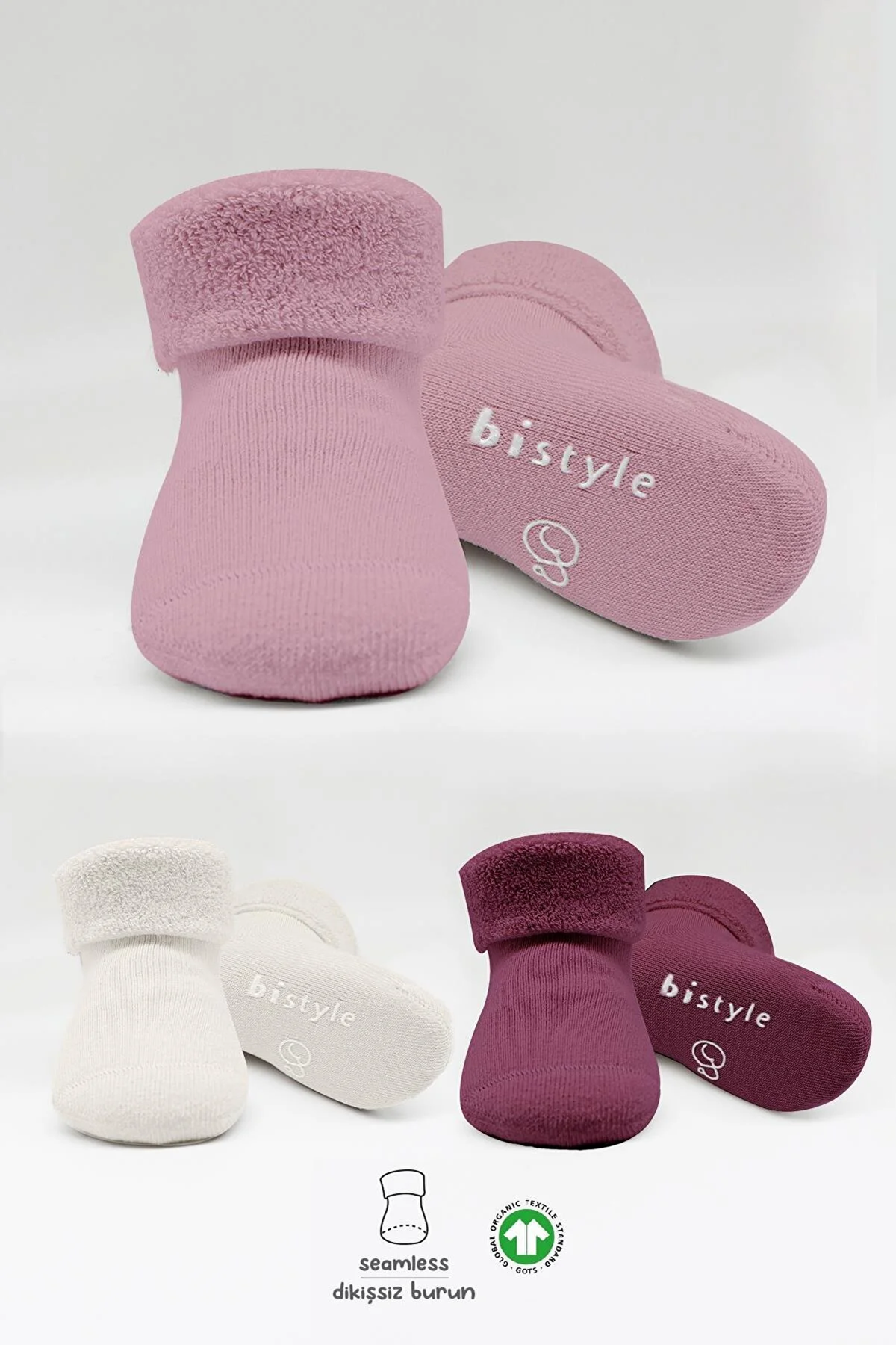 Bistyle 3lü Havlu Kaymaz Bebek Çorabı Gül Kurusu