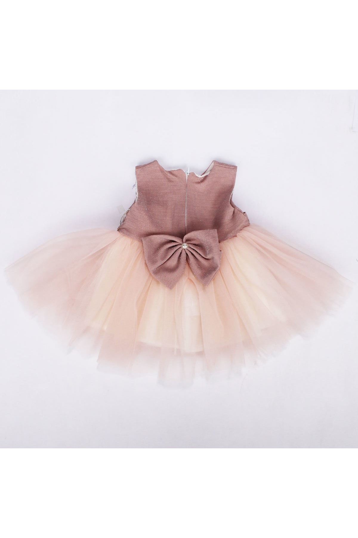 Kız Bebek Somon Tüllü Fiyonklu Elbise