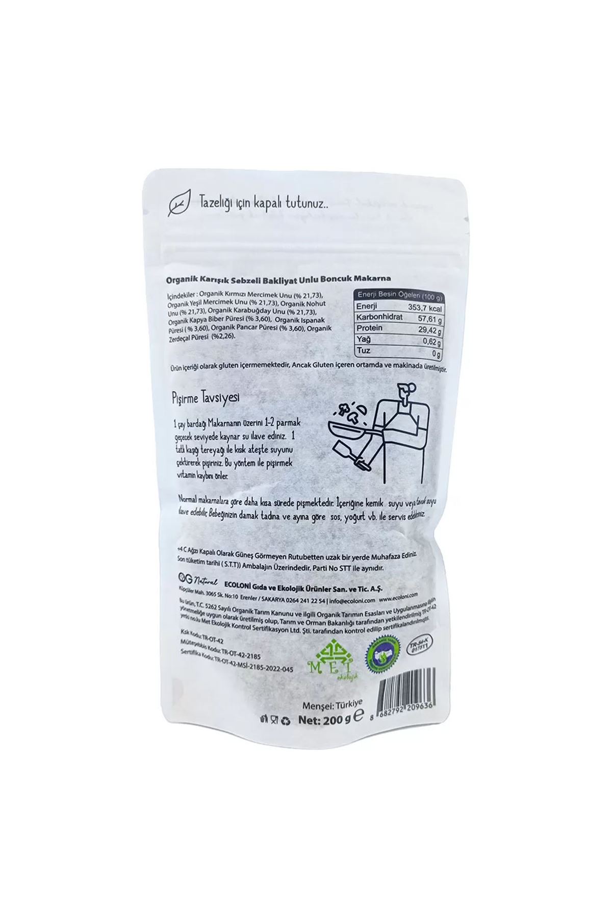 OG Natural Organik Karışık Sebzeli Bakliyat Unlu Boncuk Makarna 200 Gr