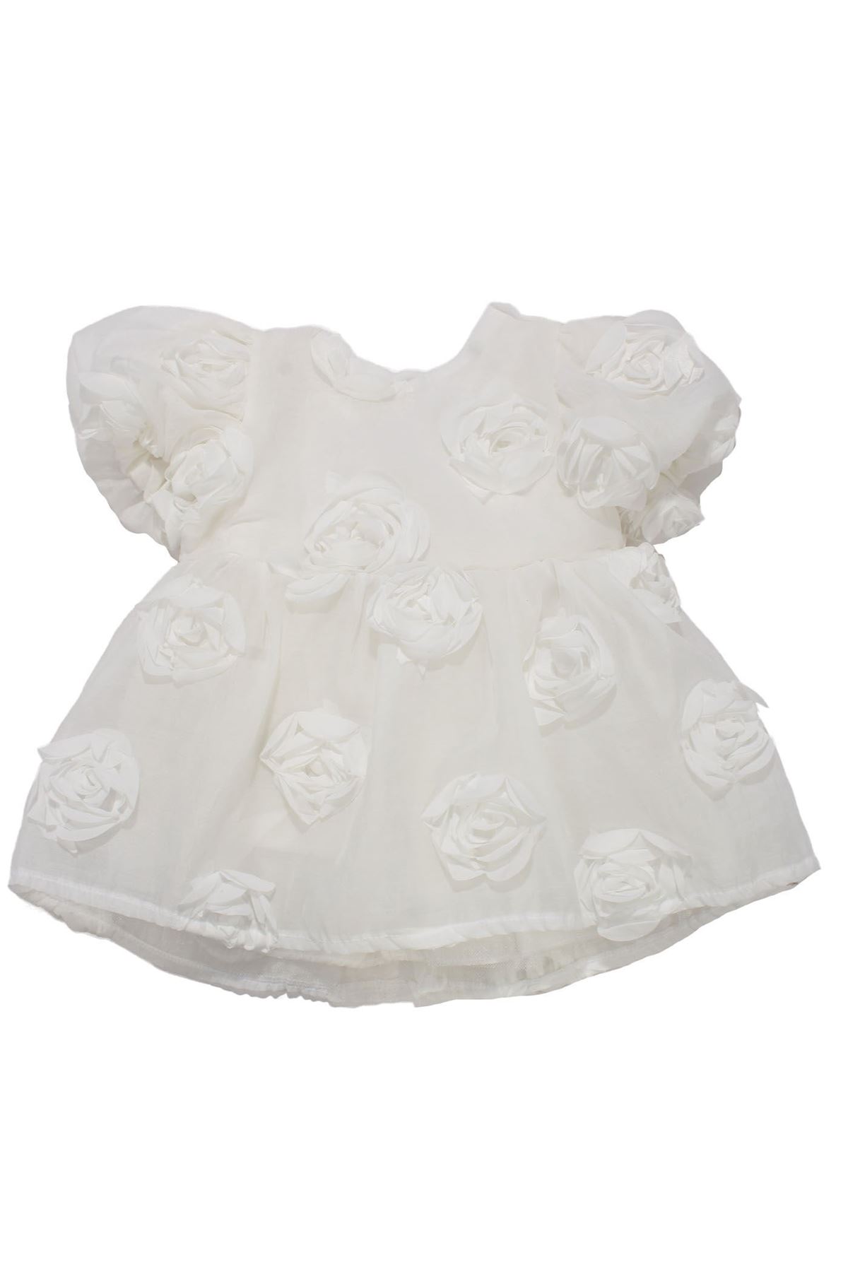 Kız Çocuk Ekru Gül Motifli Arkası Fiyonku Elbise