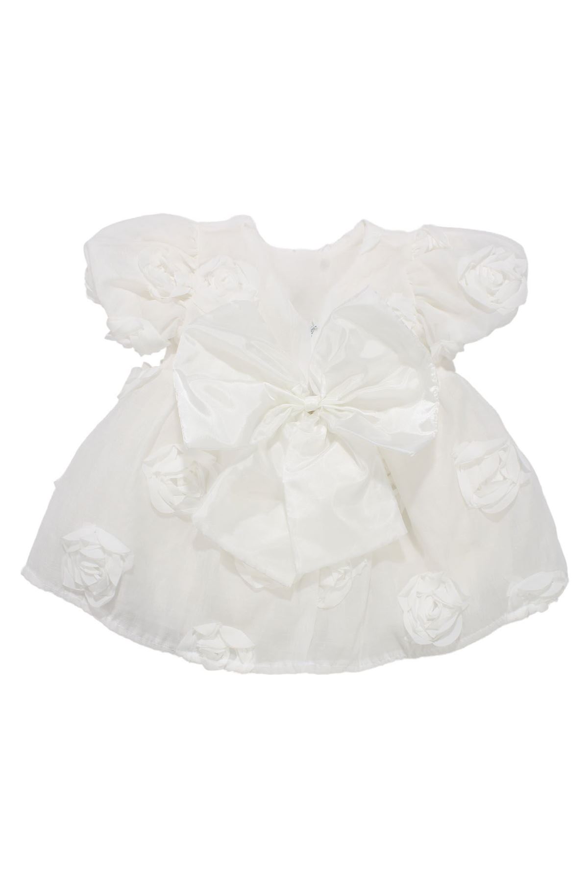 Kız Çocuk Ekru Gül Motifli Arkası Fiyonku Elbise