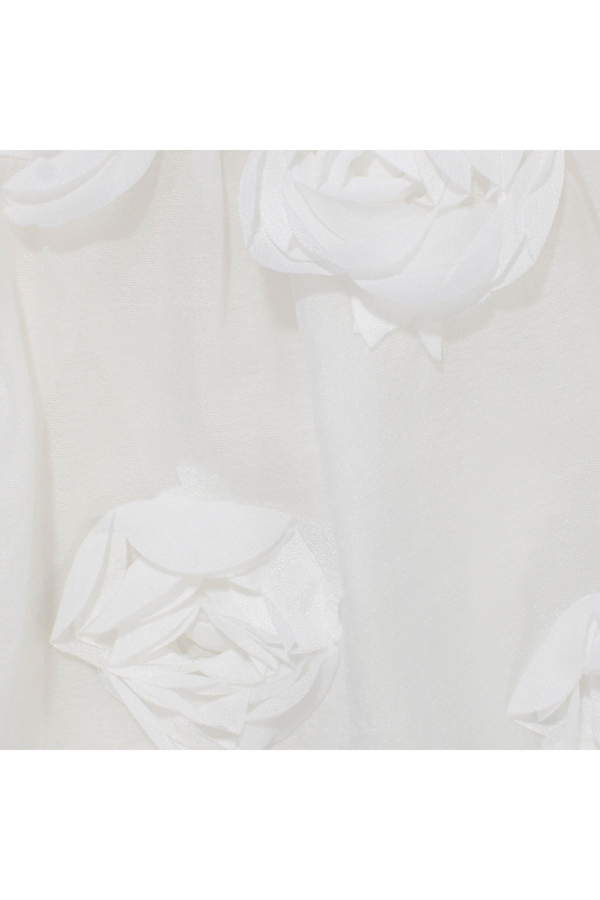 Kız Çocuk Ekru Gül Motifli Arkası Fiyonku Elbise