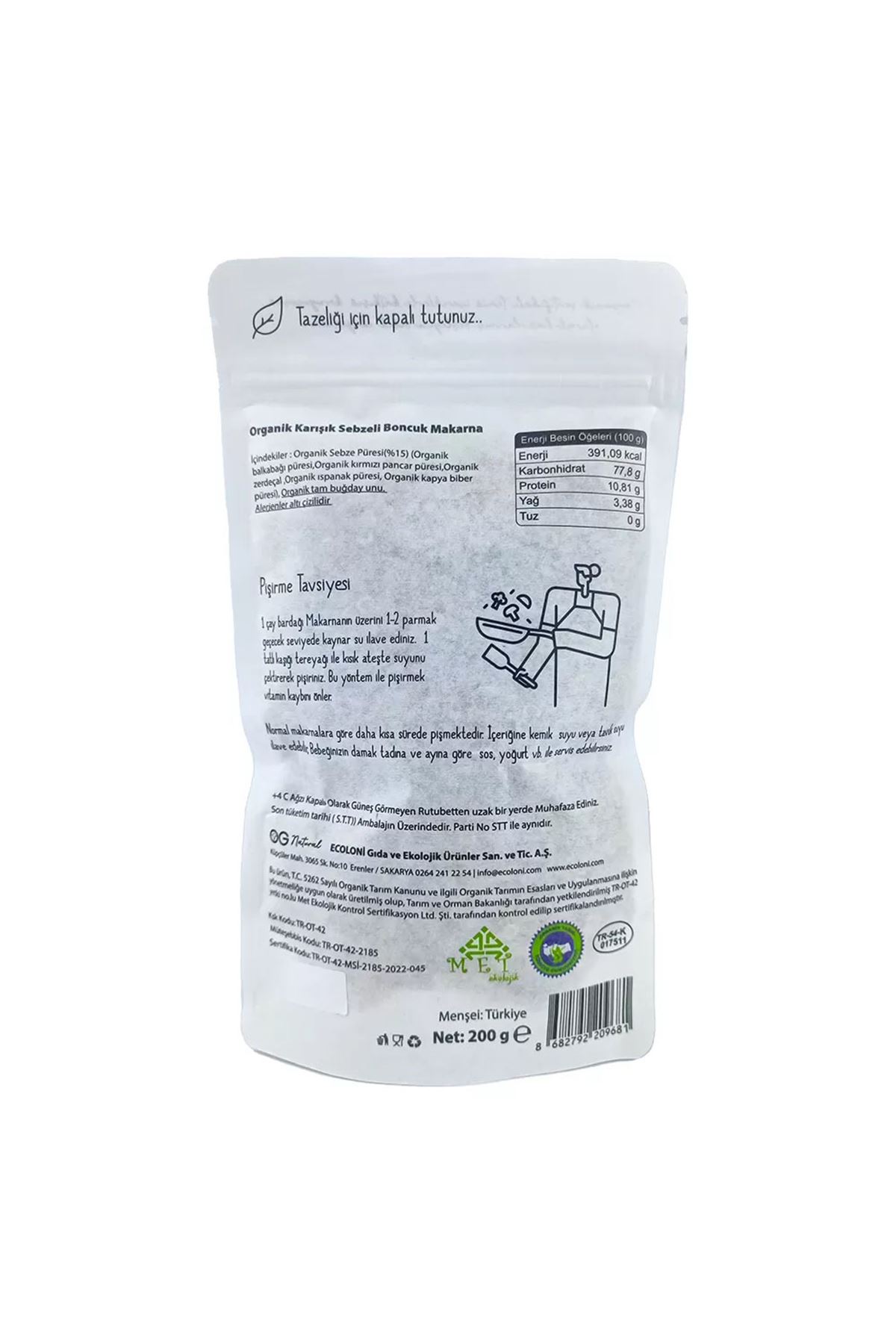 OG Natural Organik Karışık Sebzeli Tam Buğday Boncuk Makarna 200 Gr