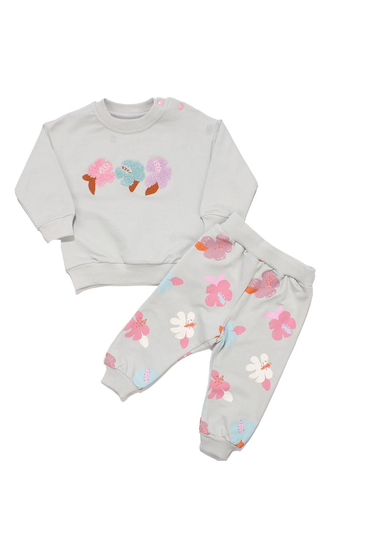Kız Bebek Gri Çiçek Nakışlı 2'li Takım