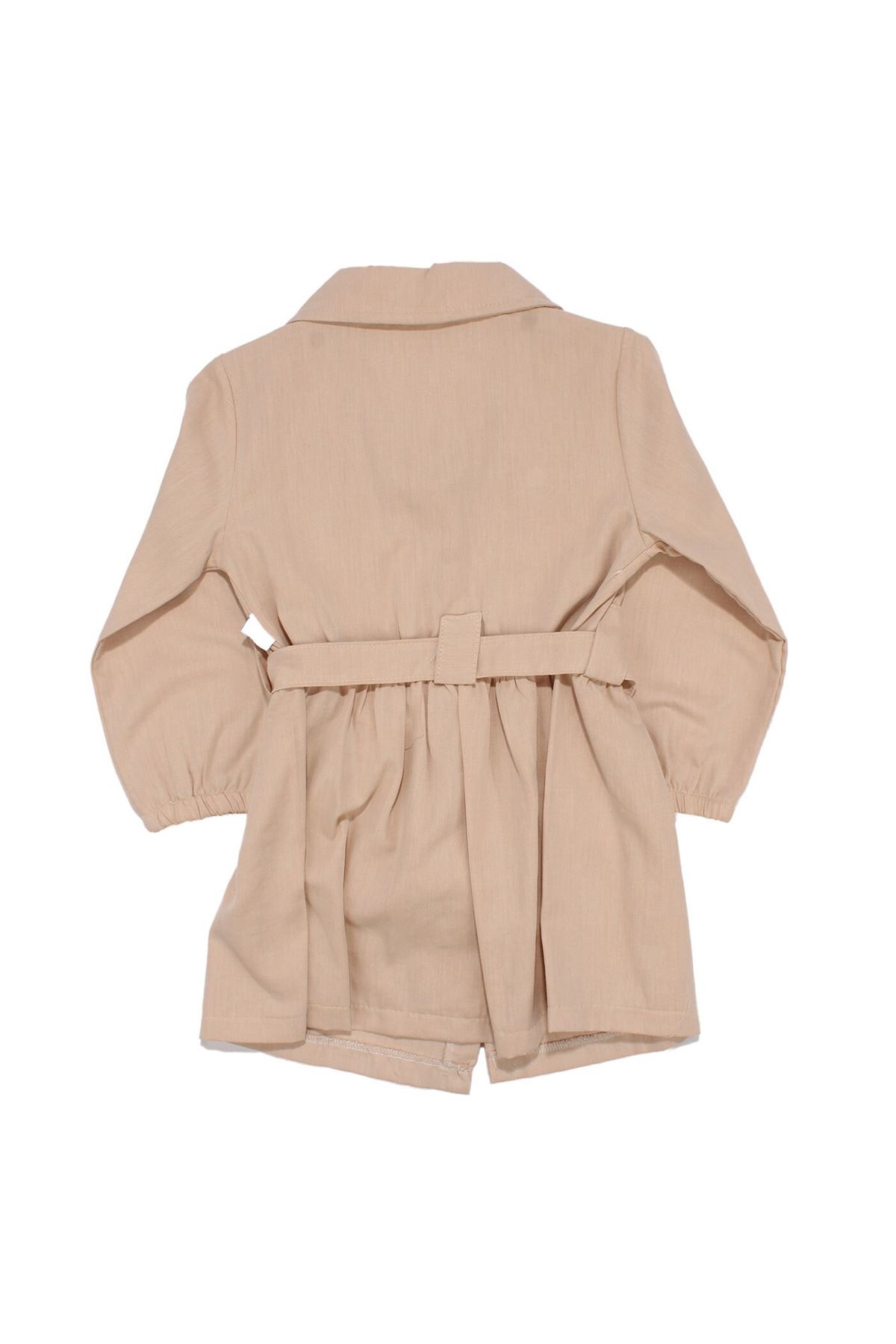 Kız Çocuk Bej Düğmeli Kemerli Uzun Kollu Elbise