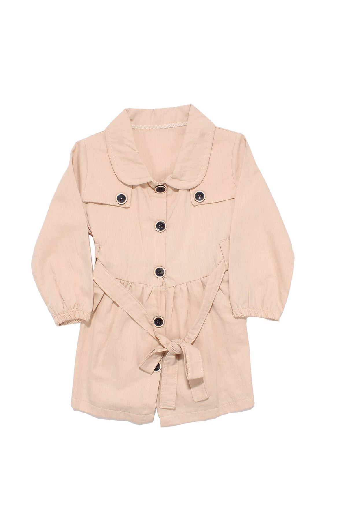 Kız Çocuk Bej Düğmeli Kemerli Uzun Kollu Elbise