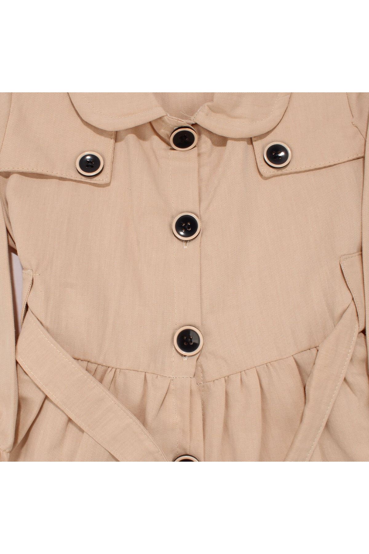 Kız Çocuk Bej Düğmeli Kemerli Uzun Kollu Elbise