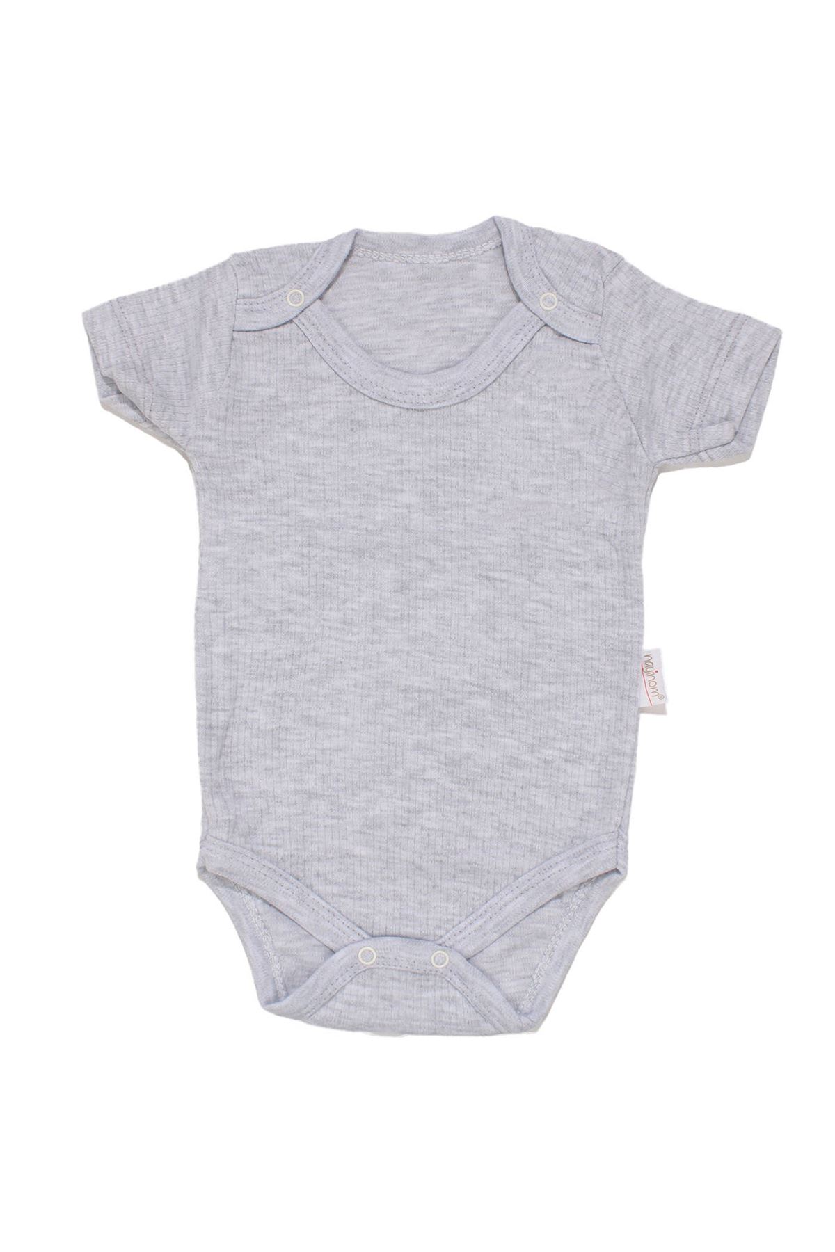 Unisex Gri Raporlu Kısa Kol Çıt Çıtlı Body Zıbın