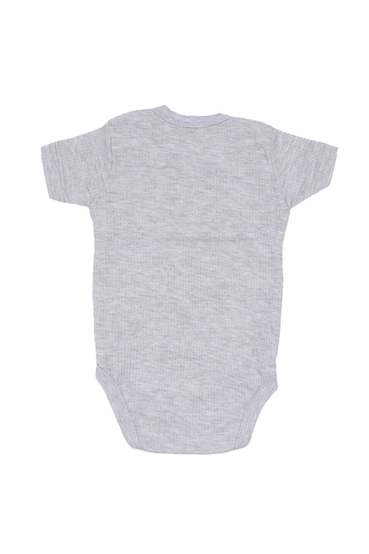 Unisex Gri Raporlu Kısa Kol Çıt Çıtlı Body Zıbın