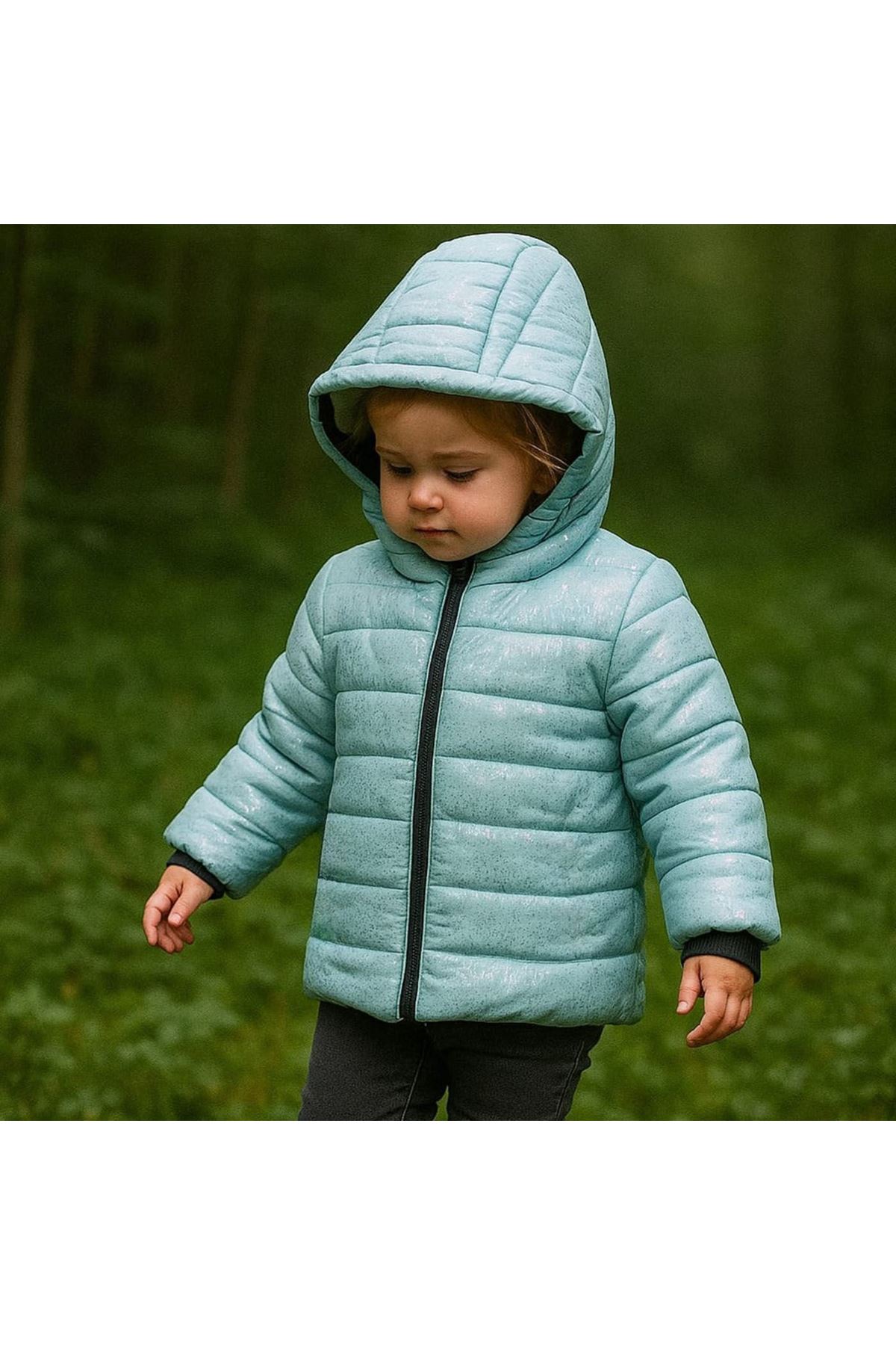 Kız Çocuk Su Yeşili Simli Parlak İçi Peluş Mont