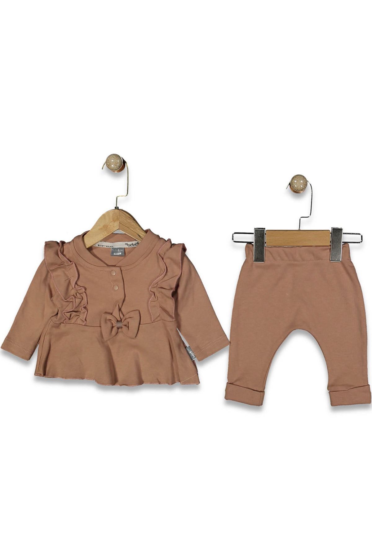 Kız Bebek Kahve Fiyonklu Fırfırlı 2'li Takım