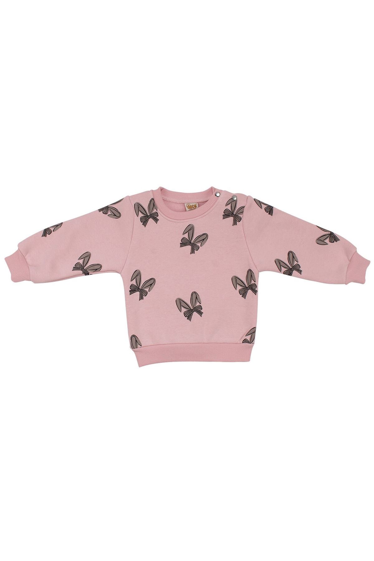 Kız Bebek Pembe Kahve Fiyonklu Baskılı Kadife Fitillli Taytlı 2'li Takım