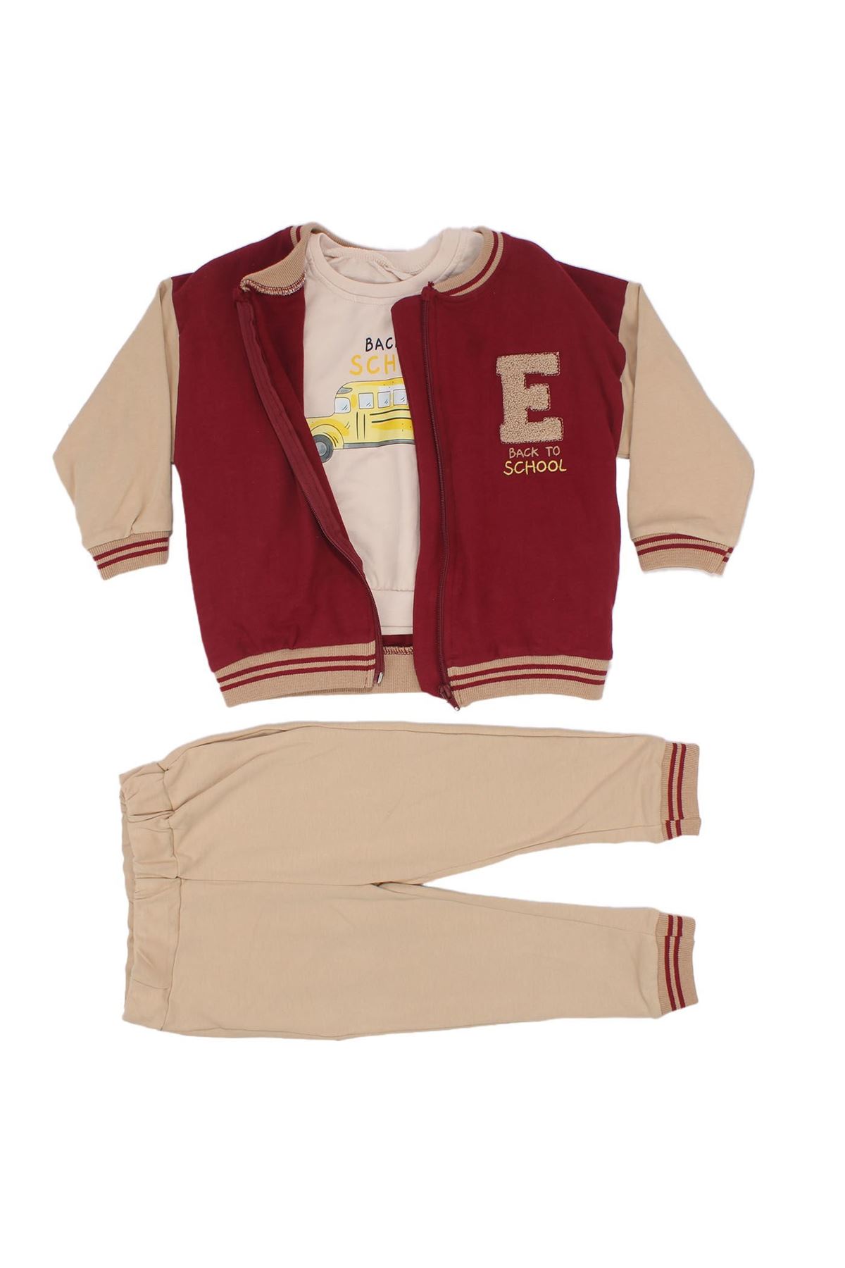 Erkek Çocuk Bordo Bej E Nakışlı Kolej Hırkalı 3'Lü Takım