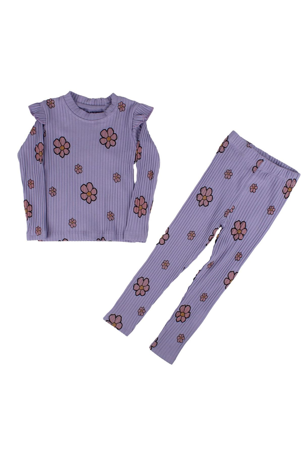 Kız Çocuk Mor Fırfırlı Fitilli Papatya Desenli 2'li Takım