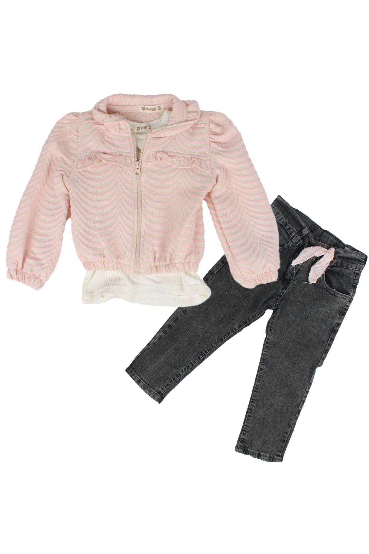 Kız Çocuk Pembe Ceket Siyah Kot Pantolonlu Badili Takım 3'lü Takım
