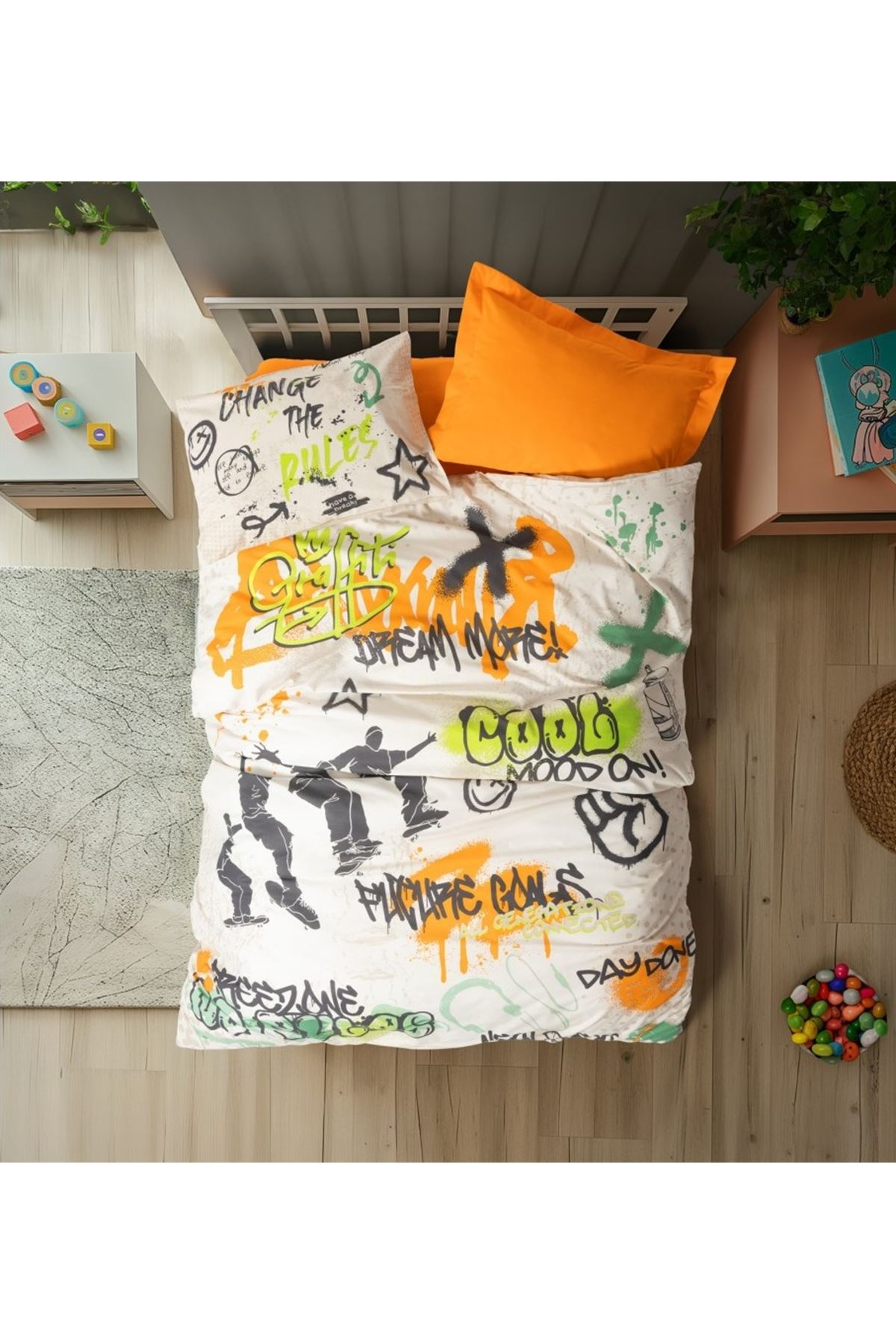 Cotton Box Junior Nevresim Takımı Tek Kişilik Graffiti Oranj