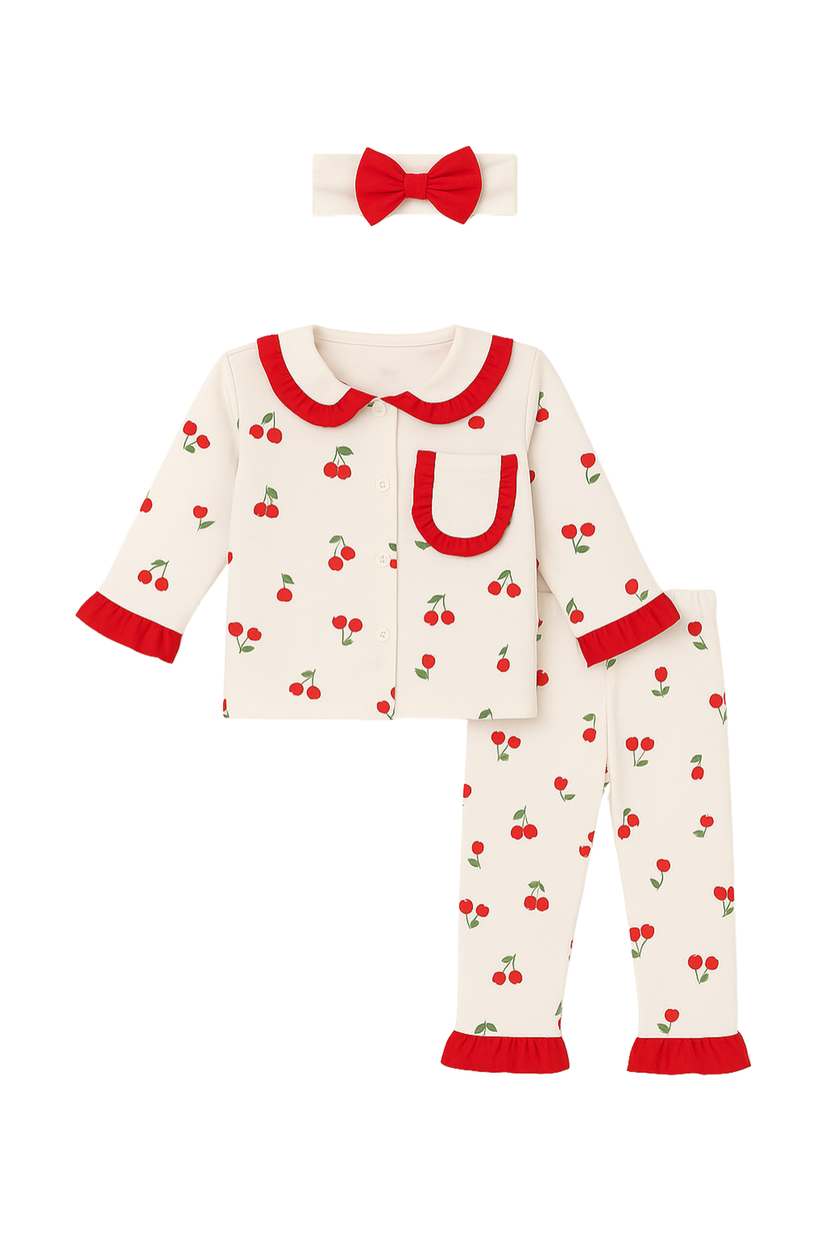 Kız Çocuk Ekru Pembe Lale Desenli Fırfırlı Bandanalı Pijama Takımı