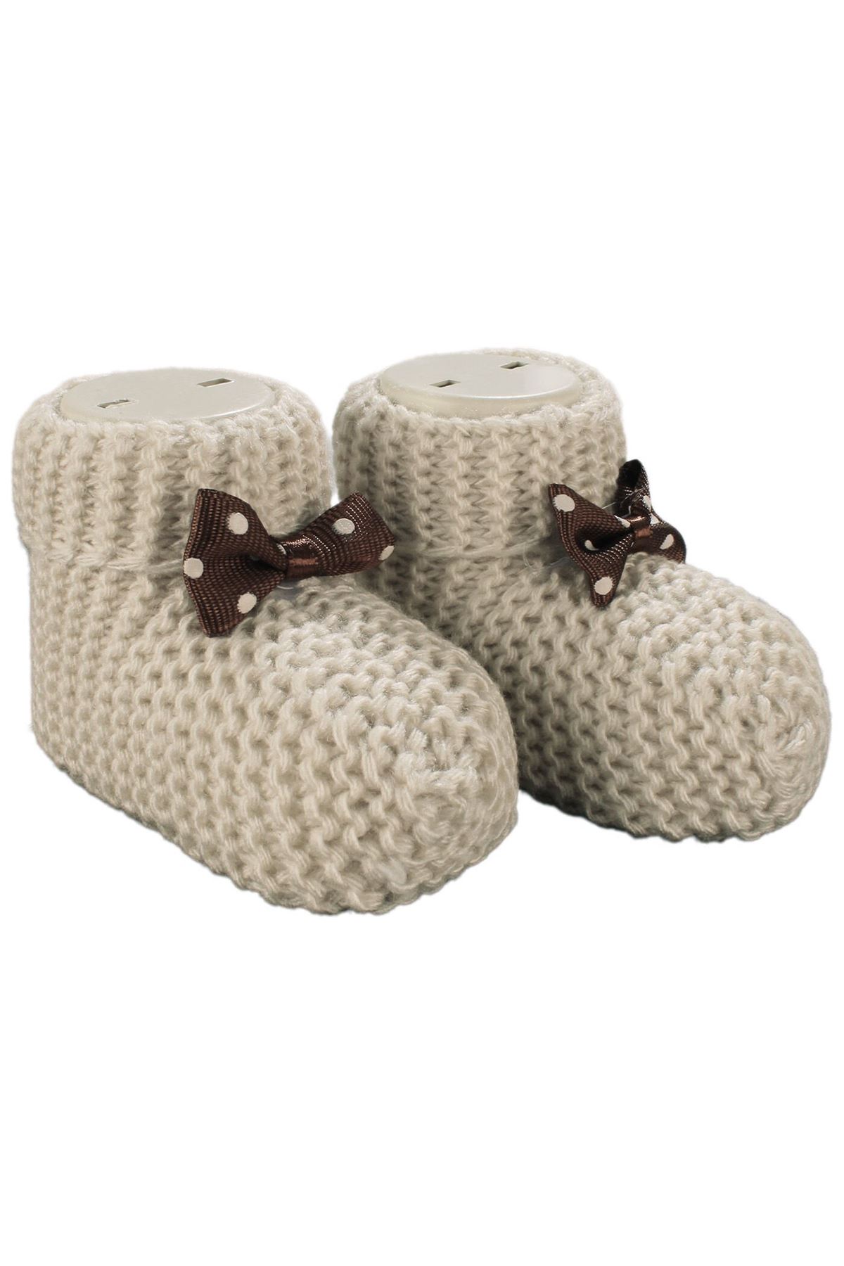 Unisex Kahverengi Puanlı Fiyonklu Triko Patik 0-6 Ay