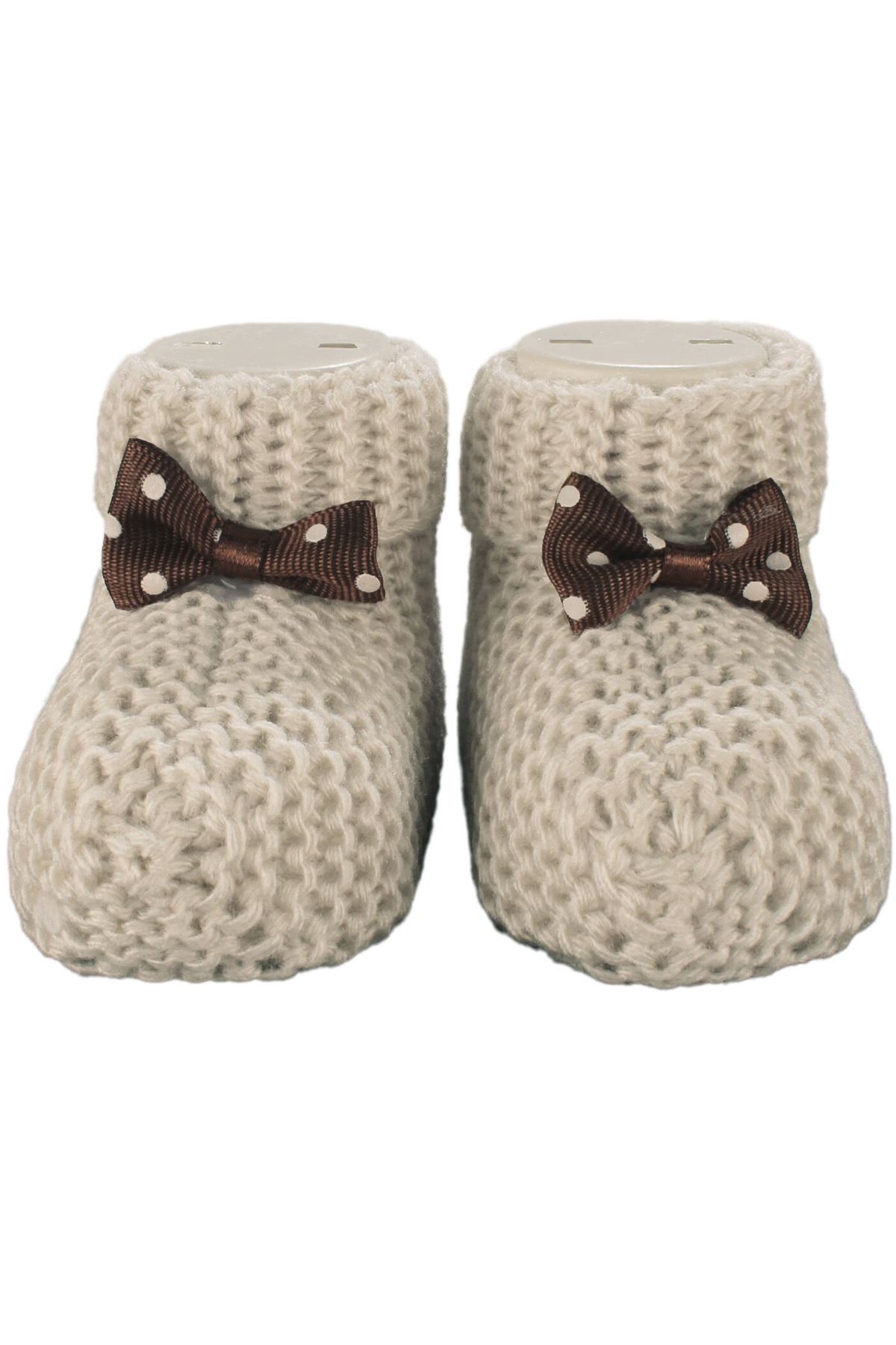 Unisex Kahverengi Puanlı Fiyonklu Triko Patik 0-6 Ay