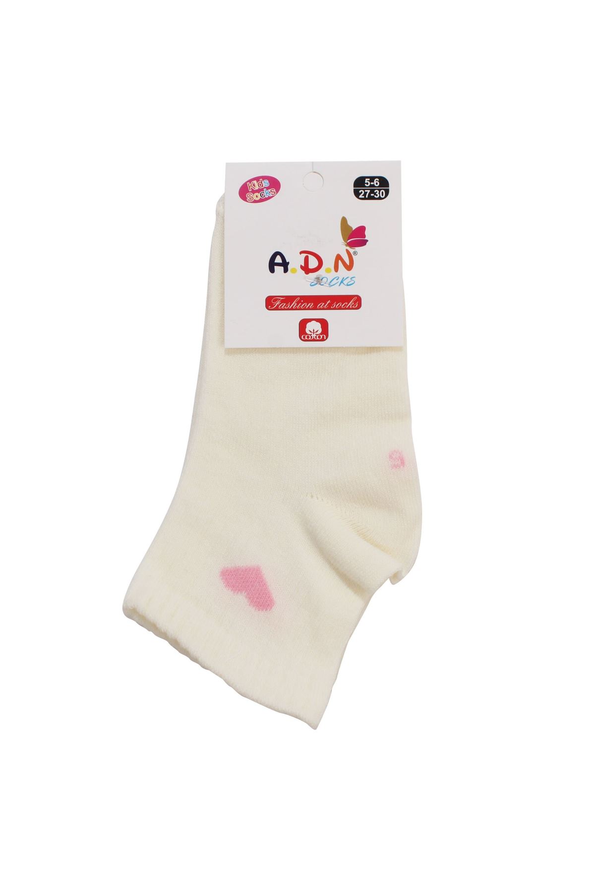 Kız Çocuk Ekru Pembe Kalp Desenli Patik Çorap