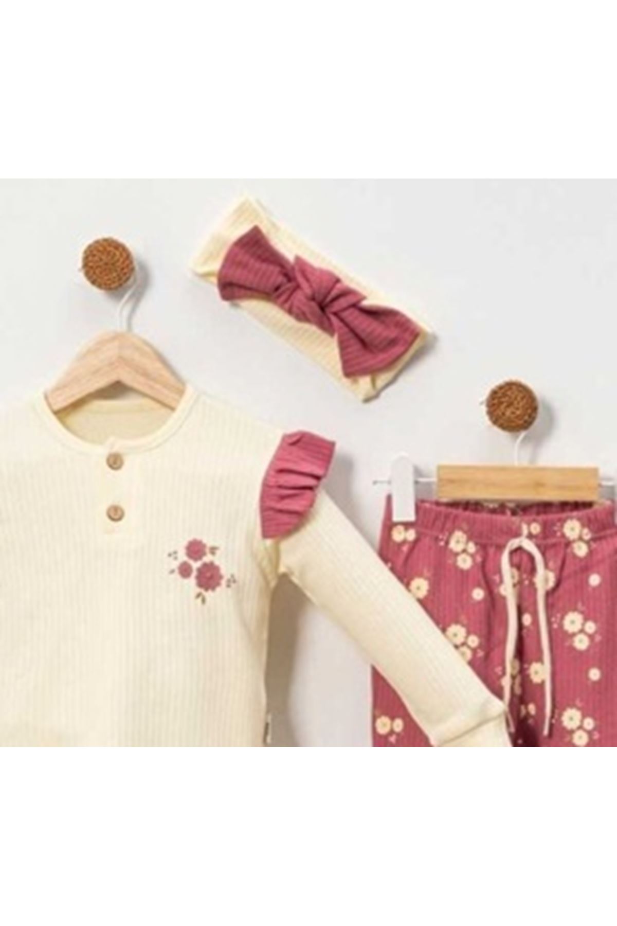 Kız Bebek Ekru Mor Çiçek Desenli Bandanalı 2'li Takım