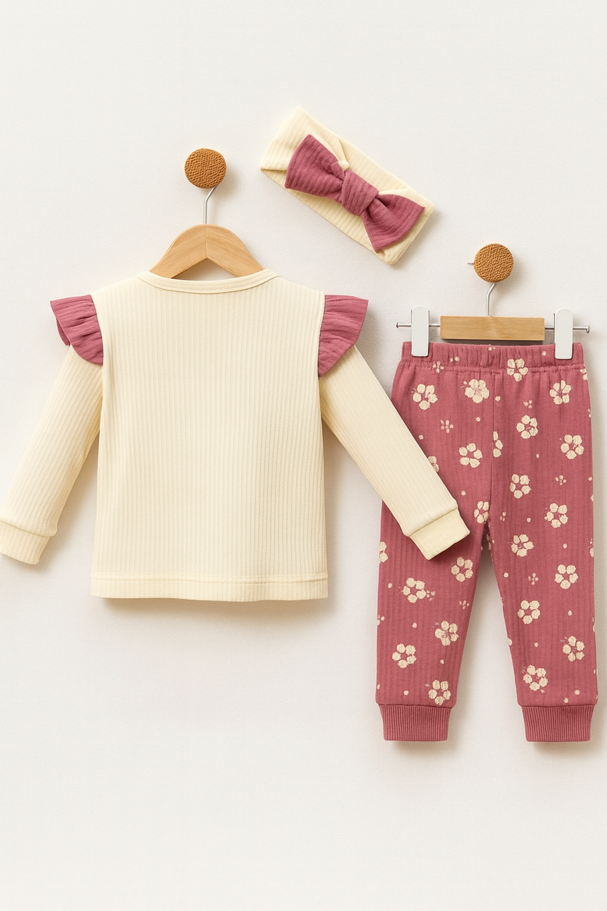 Kız Bebek Ekru Mor Çiçek Desenli Bandanalı 2'li Takım