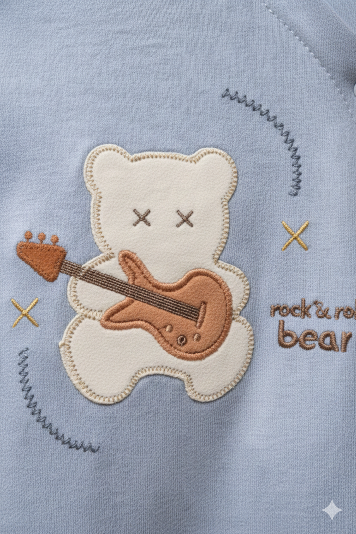 Erkek Bebek Mavi Gitarlı Ayıcık Desenli Çıtçıtlı Patikli Tulum