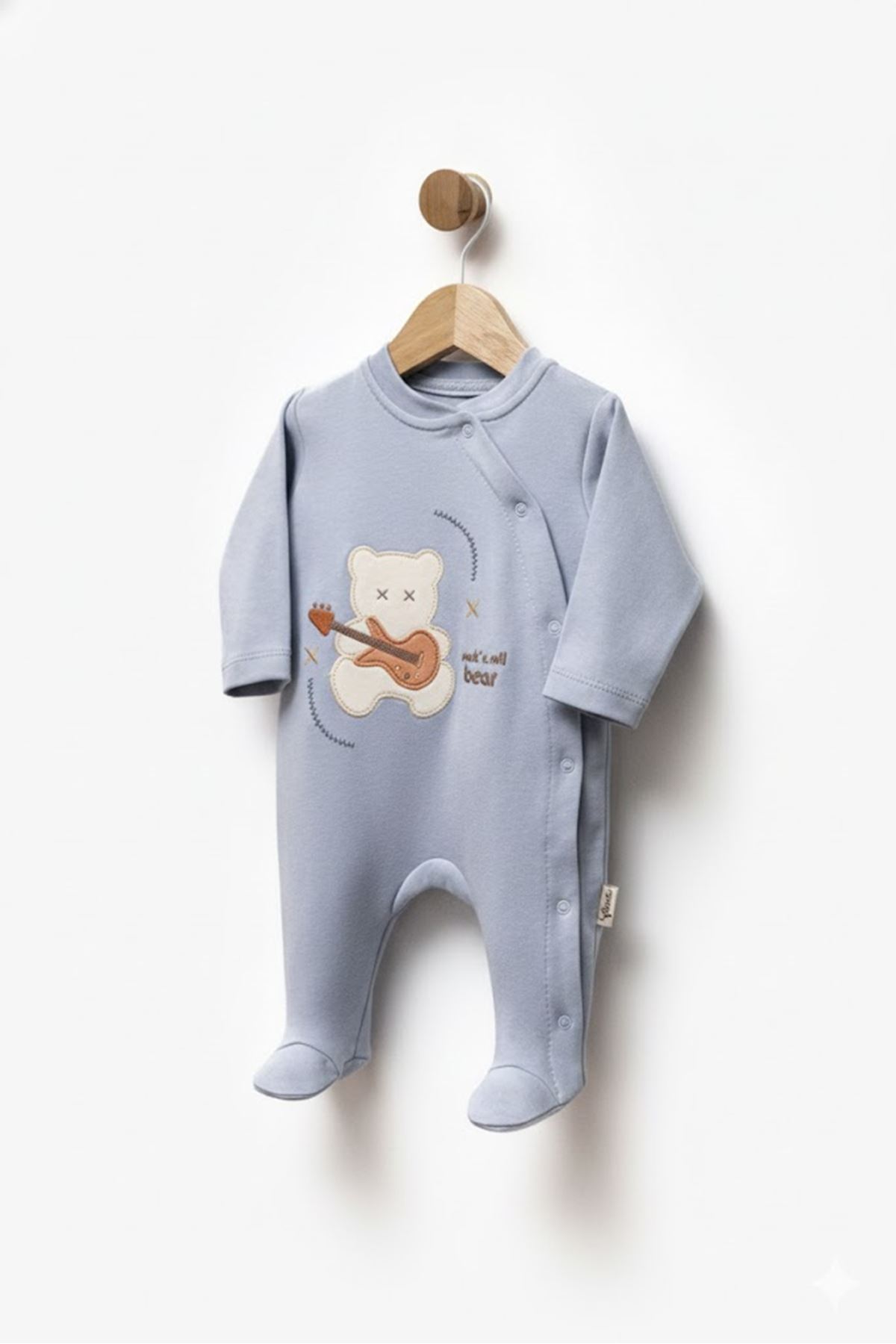 Erkek Bebek Mavi Gitarlı Ayıcık Desenli Çıtçıtlı Patikli Tulum