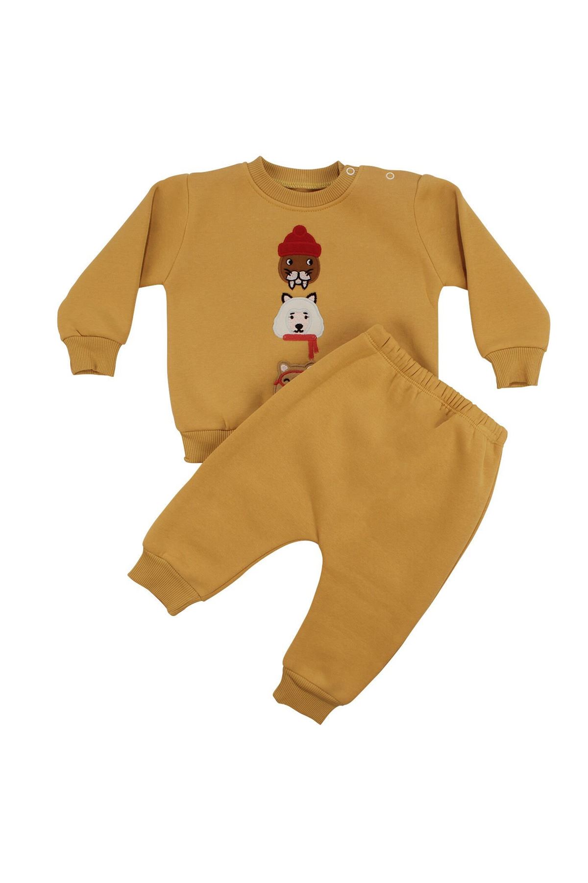 Erkek Bebek Sarı Bereli Hayvanlı Üç İp İkili Takım