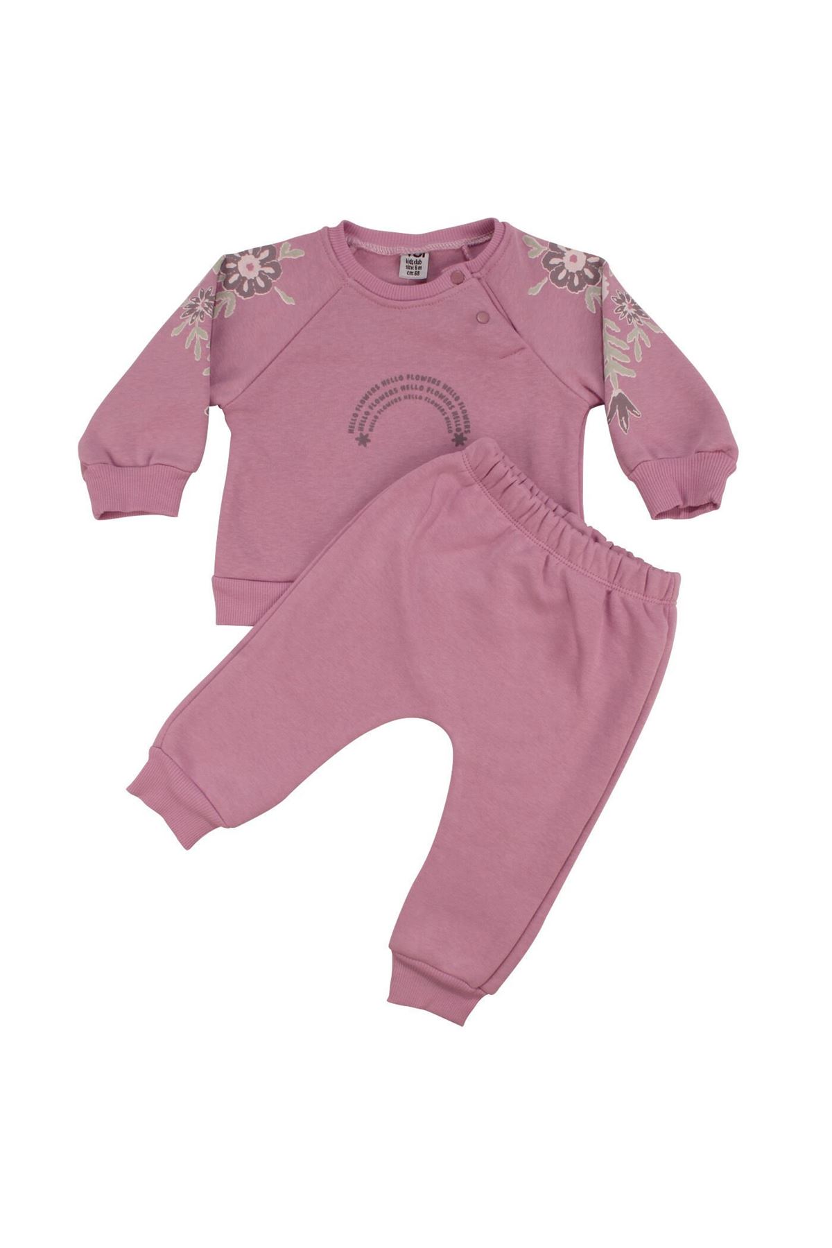 Kız Bebek Pembe Hello Flowers Yazılı Kolları Çiçek Baskılı Üç İp İkili Takım