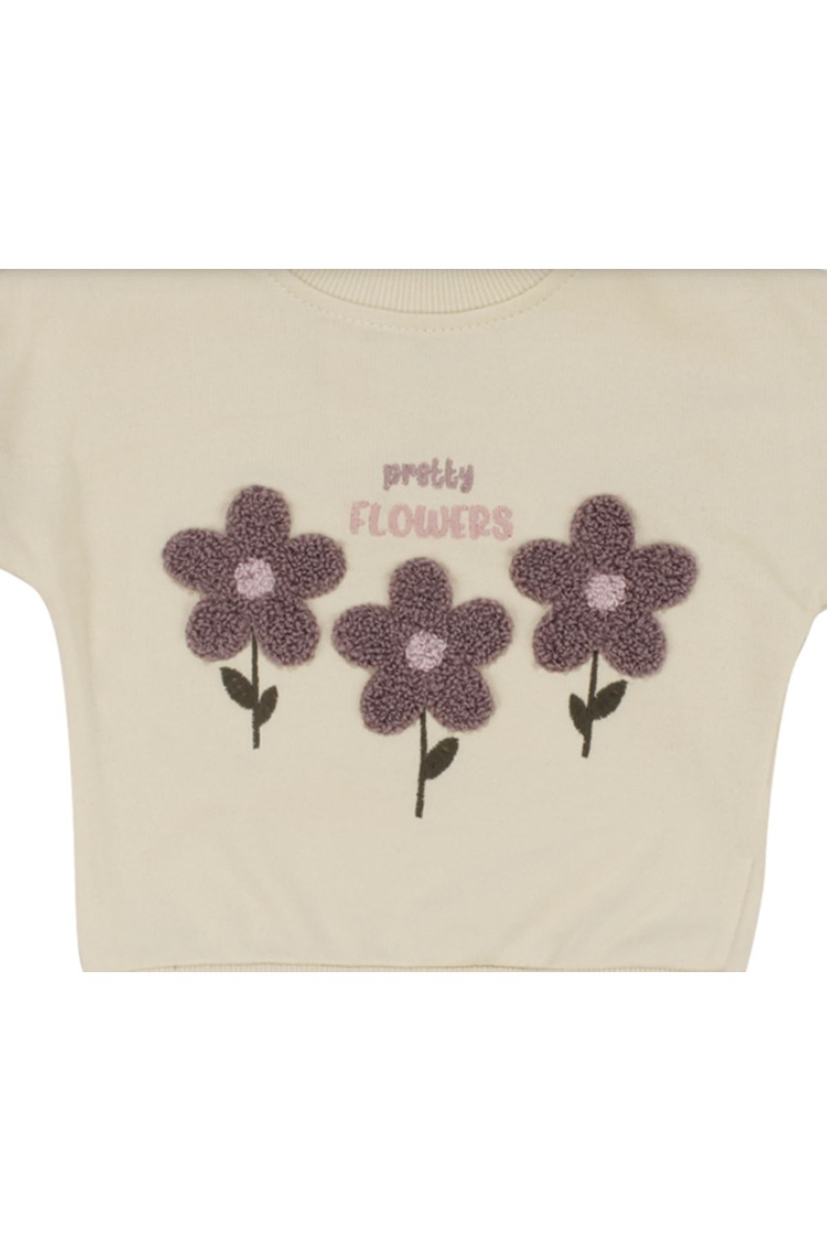 Kız Bebek Ekru Mor Çiçek Nakışlı İkili Takım